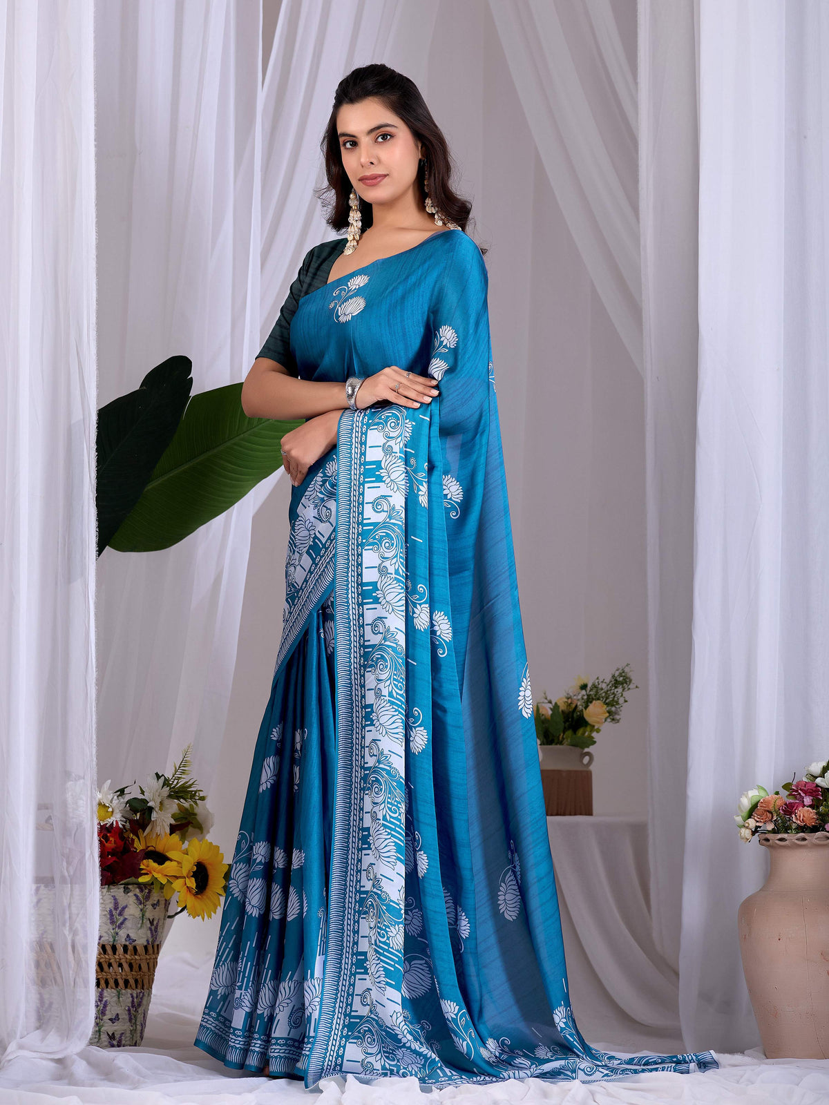 Teal blue soft satin georgette printed saree with dark teal blouse piece
