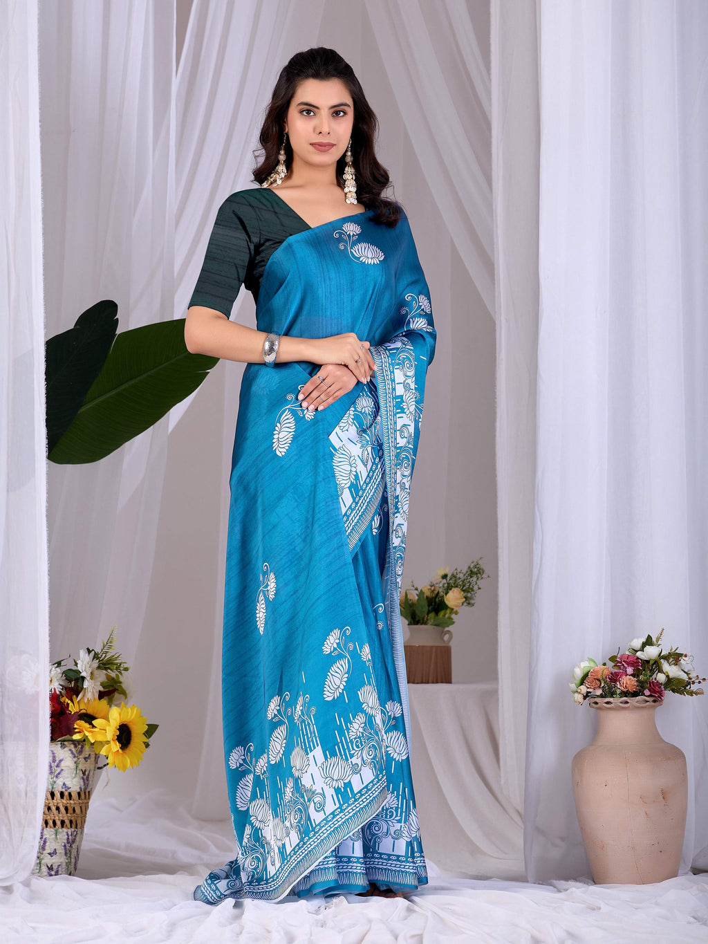 Teal Blue Soft Satin Georgette Printed Saree with Blouse