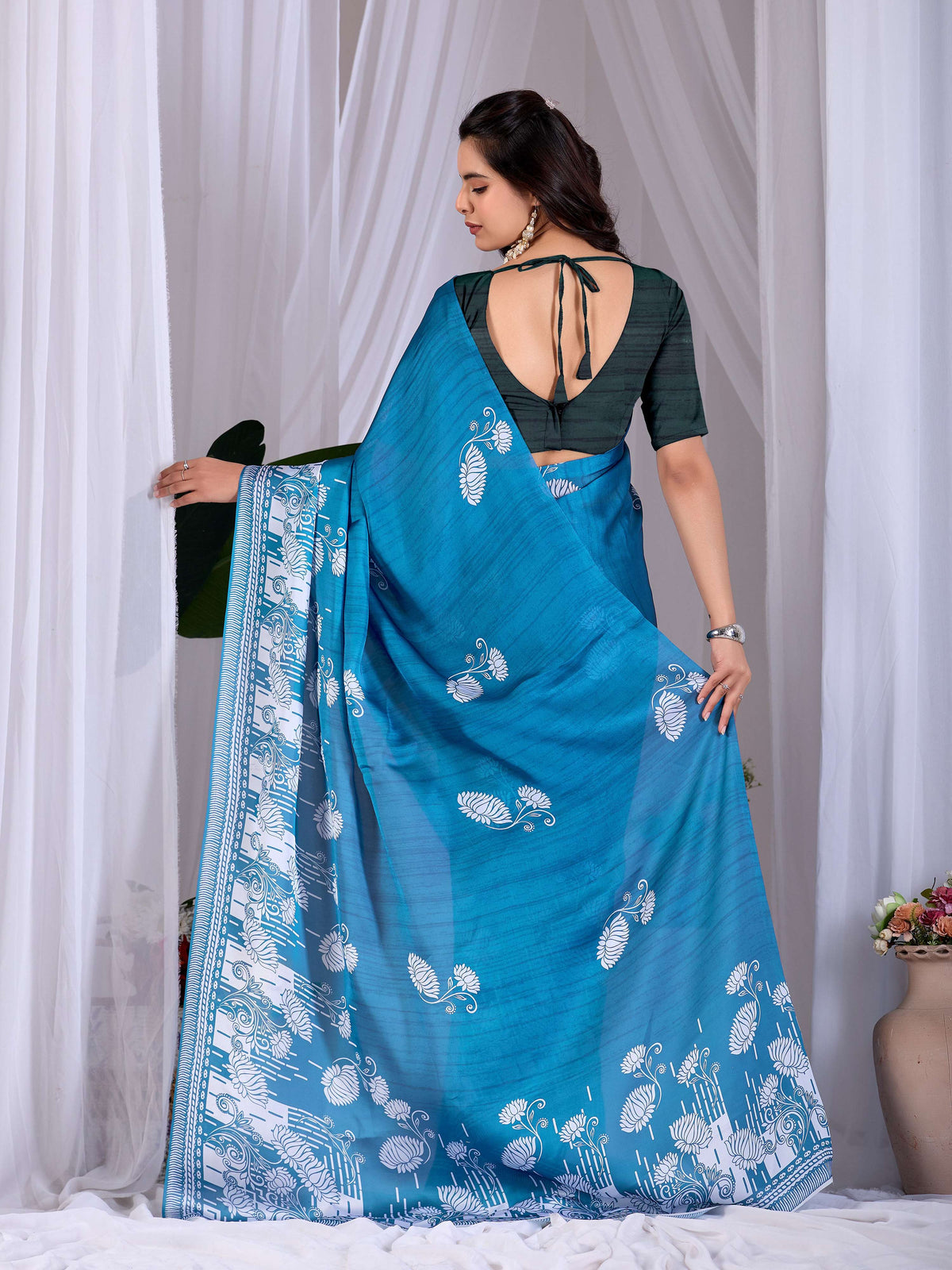 Teal Blue Soft Satin Georgette Printed Saree with Blouse
