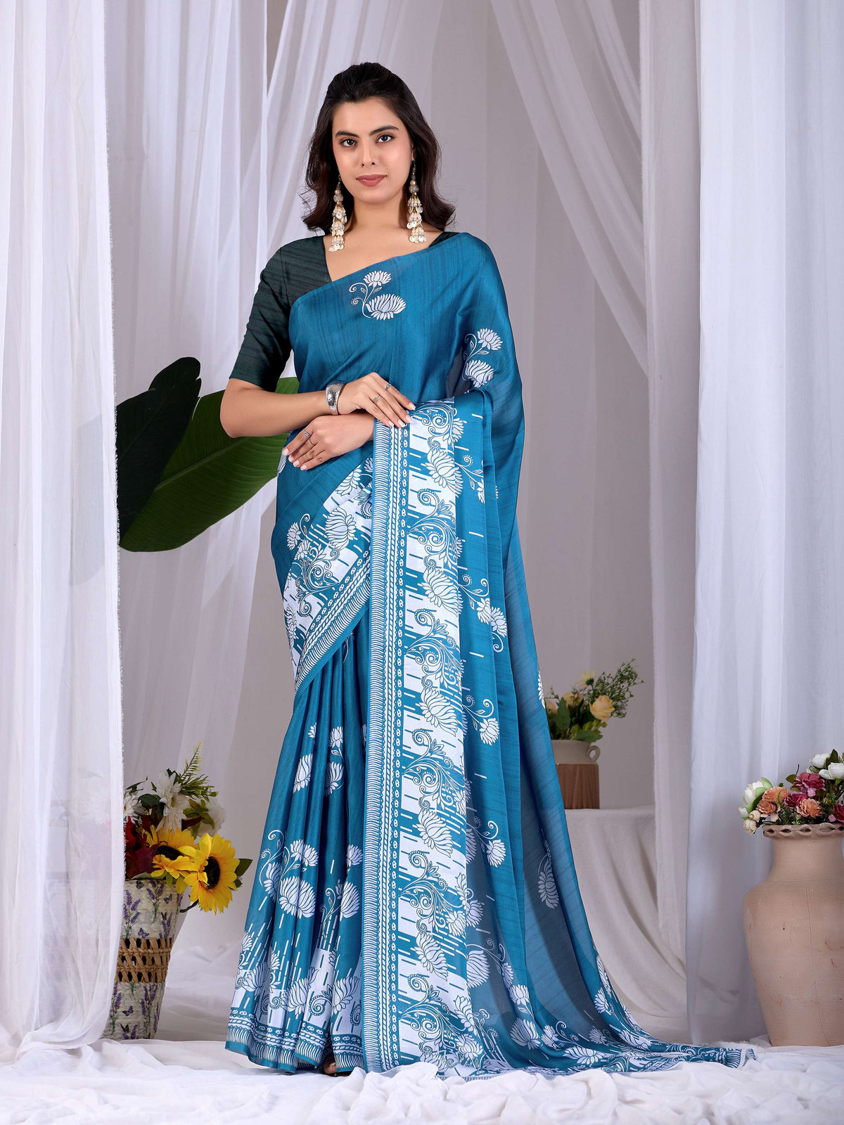 Teal Blue Soft Satin Georgette Printed Saree with Blouse