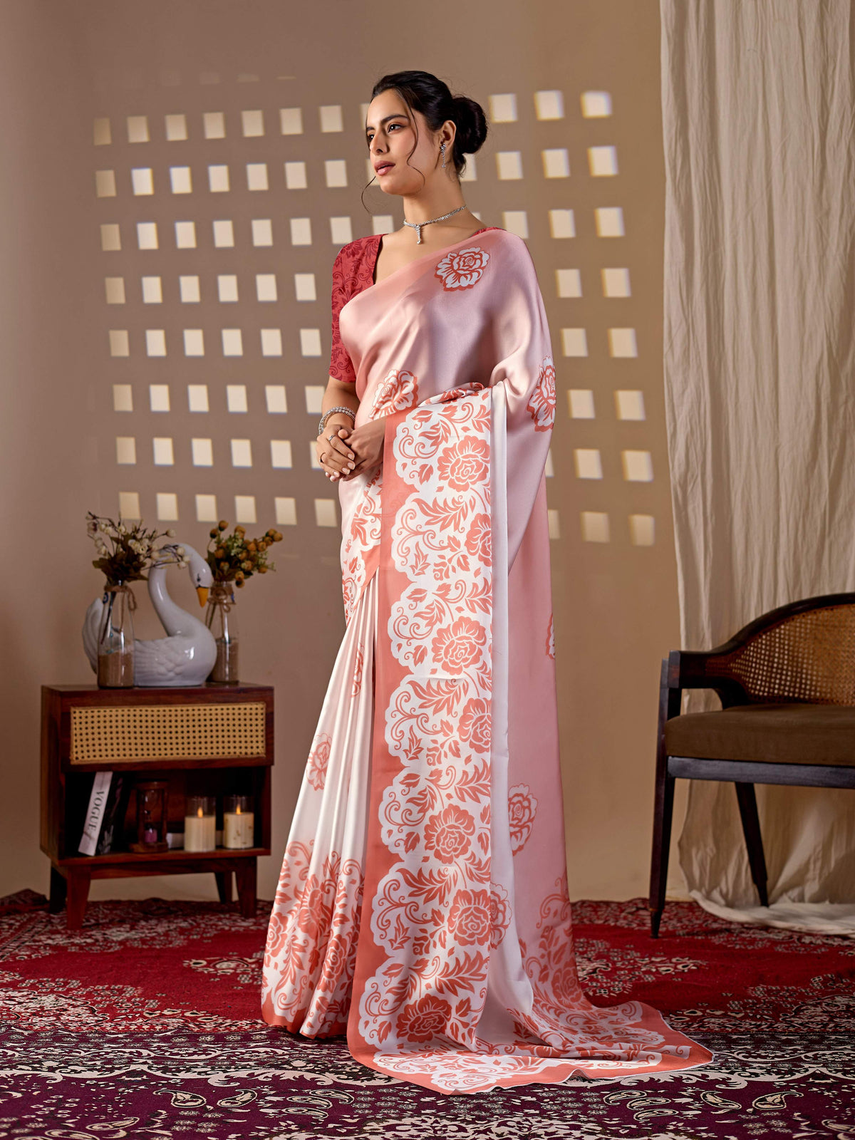 Peach Soft Satin Georgette Printed Saree with Contrast Blouse