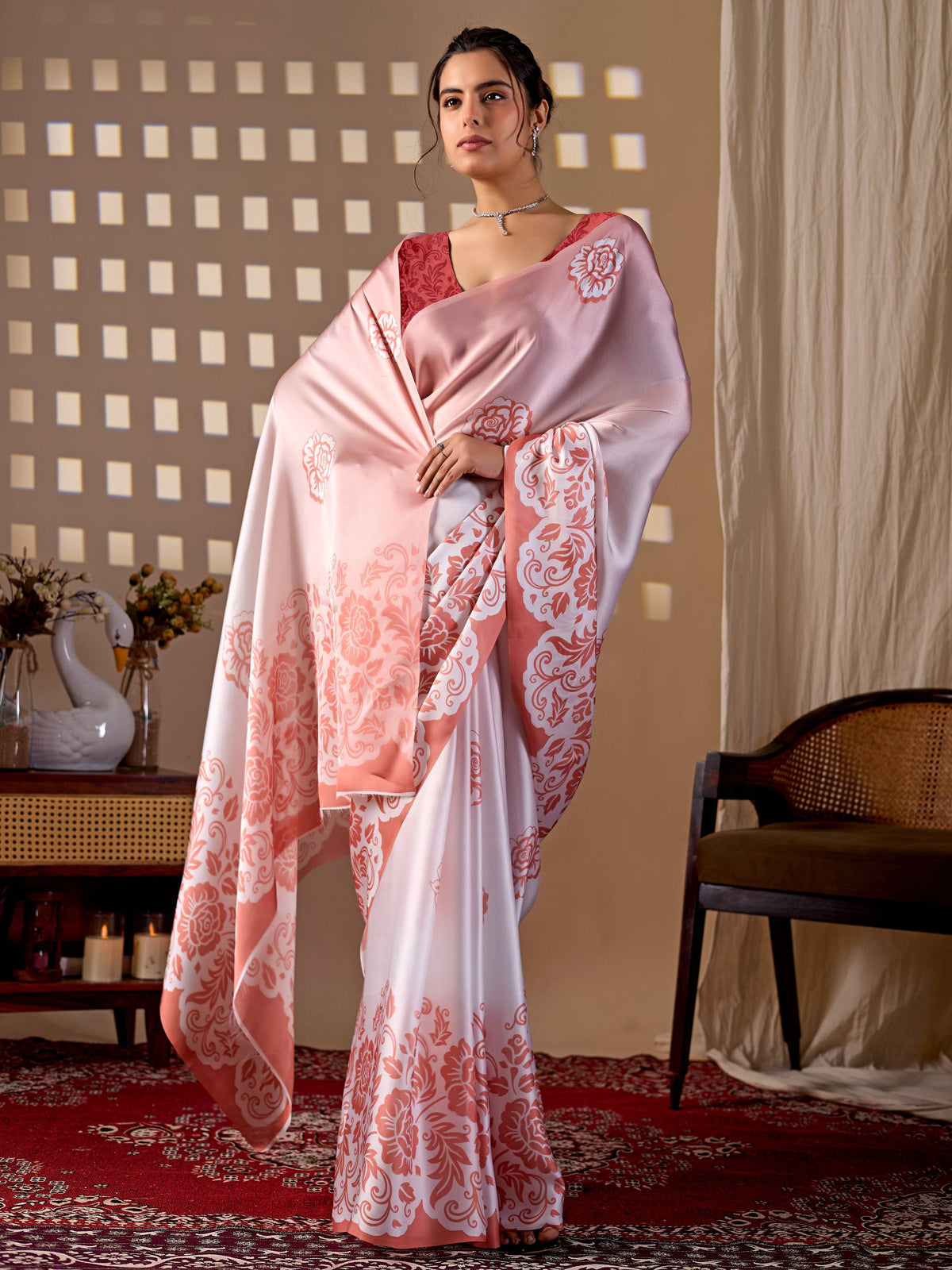 Peach Soft Satin Georgette Printed Saree with Contrast Blouse