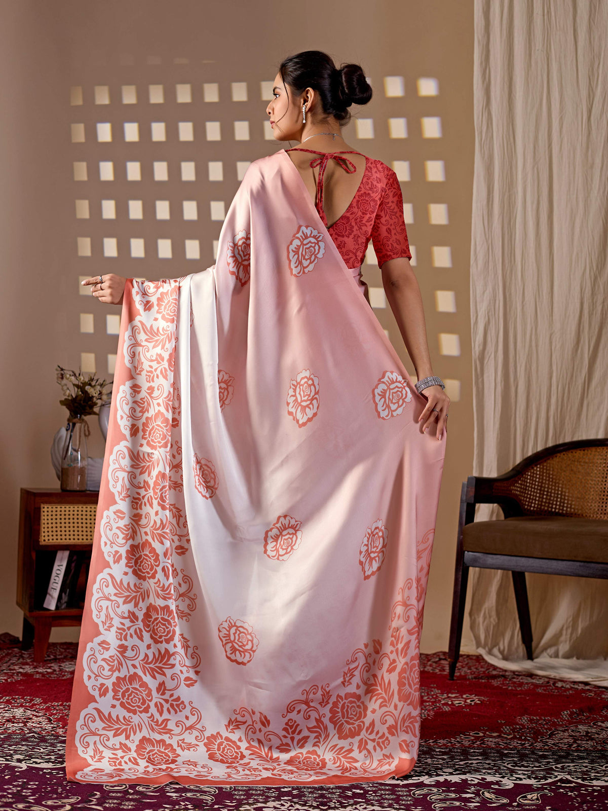 Peach Soft Satin Georgette Printed Saree with Contrast Blouse