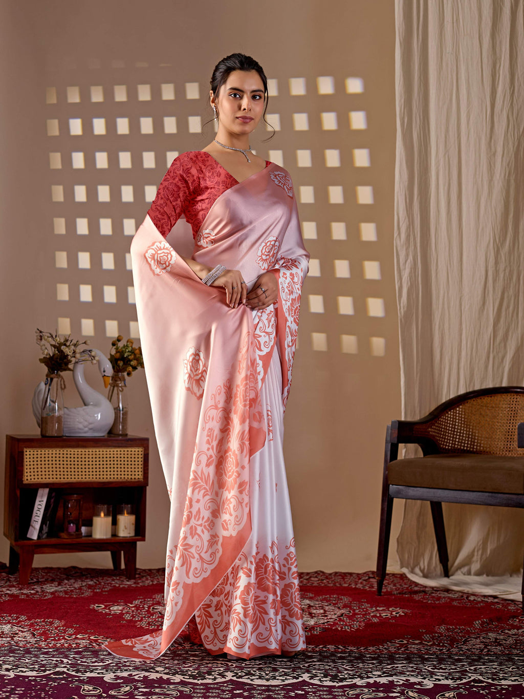 Peach Soft Satin Georgette Printed Saree with Contrast Blouse