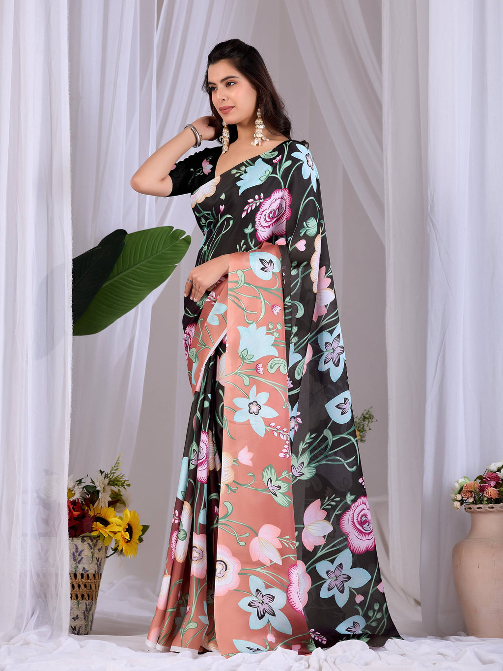 Black Soft Satin Georgette Printed Saree with Blouse Piece