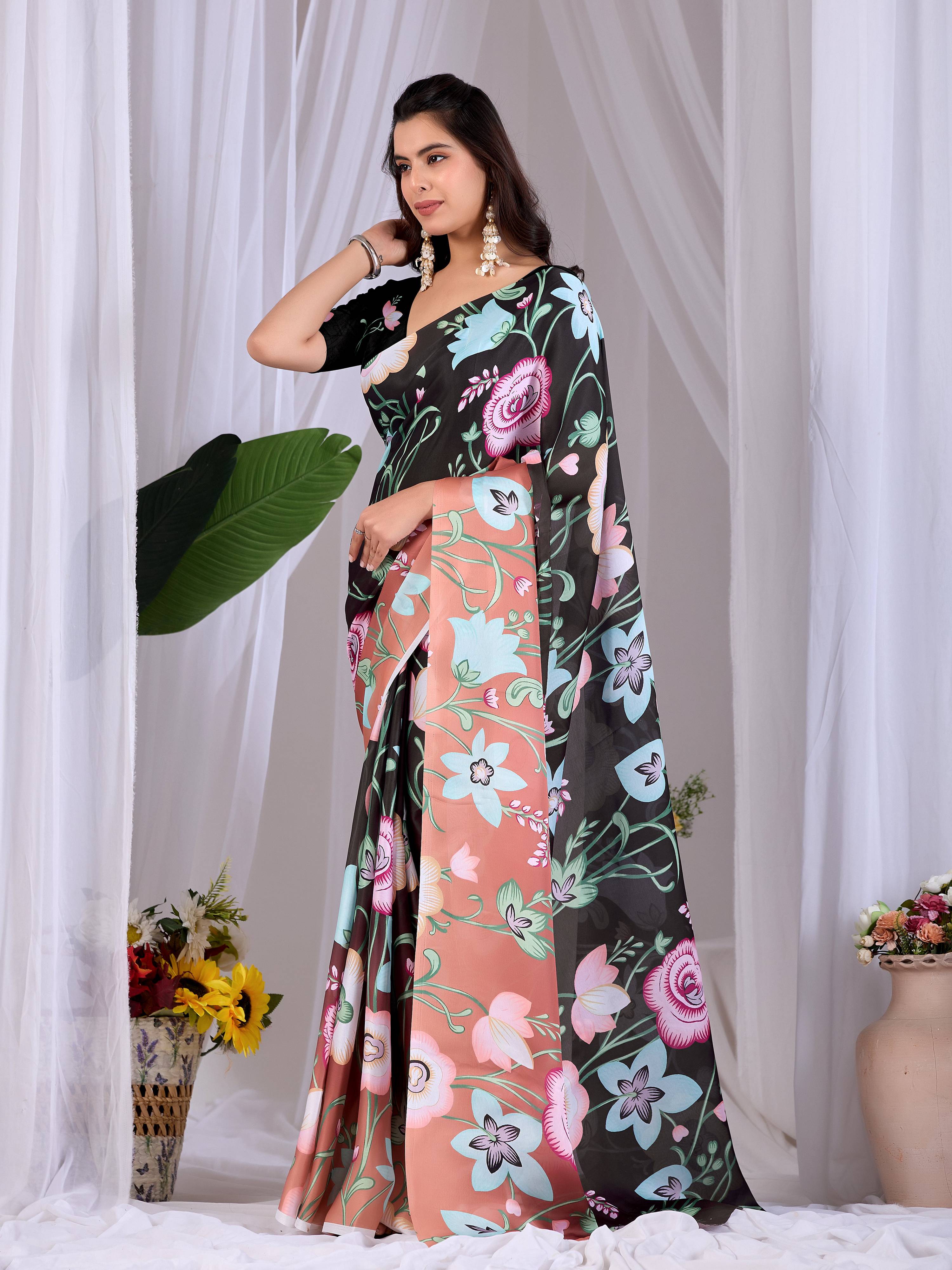 Black Soft Satin Georgette Printed Saree with Blouse Piece