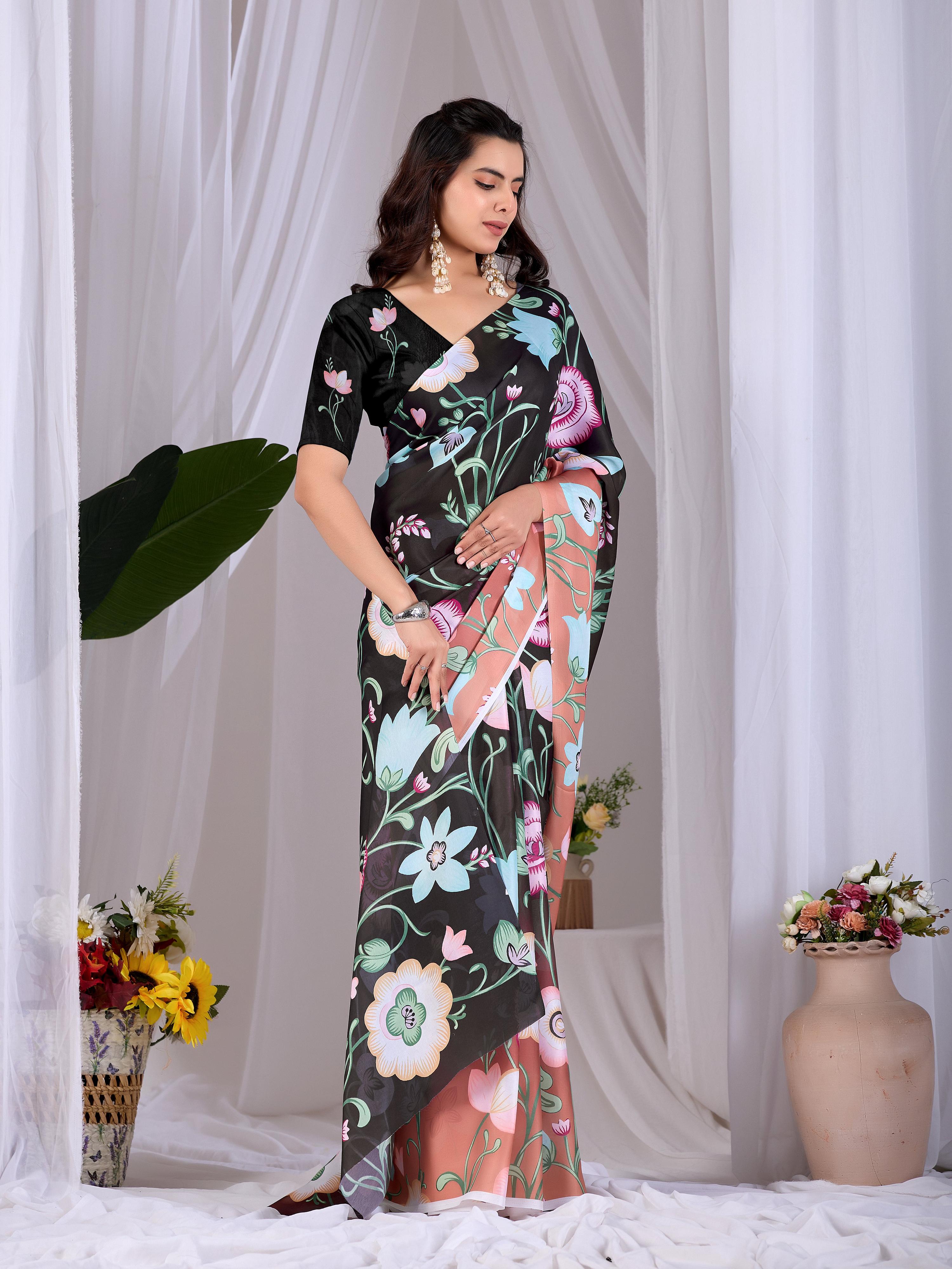 Black Soft Satin Georgette Printed Saree with Blouse Piece