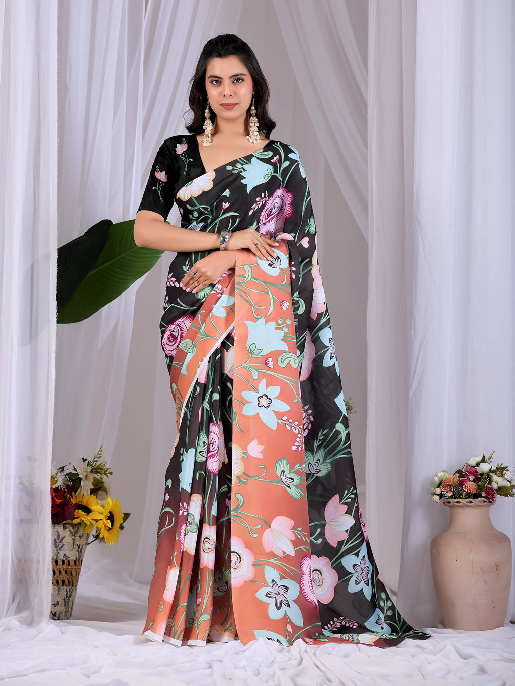 Black soft satin georgette printed saree with matching blouse
