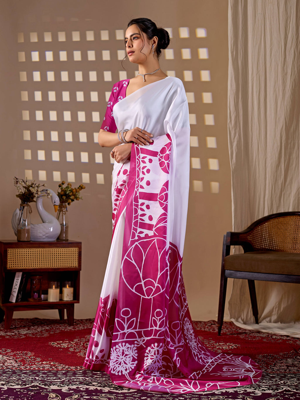 White Soft Satin Georgette Printed Saree with Pink Blouse