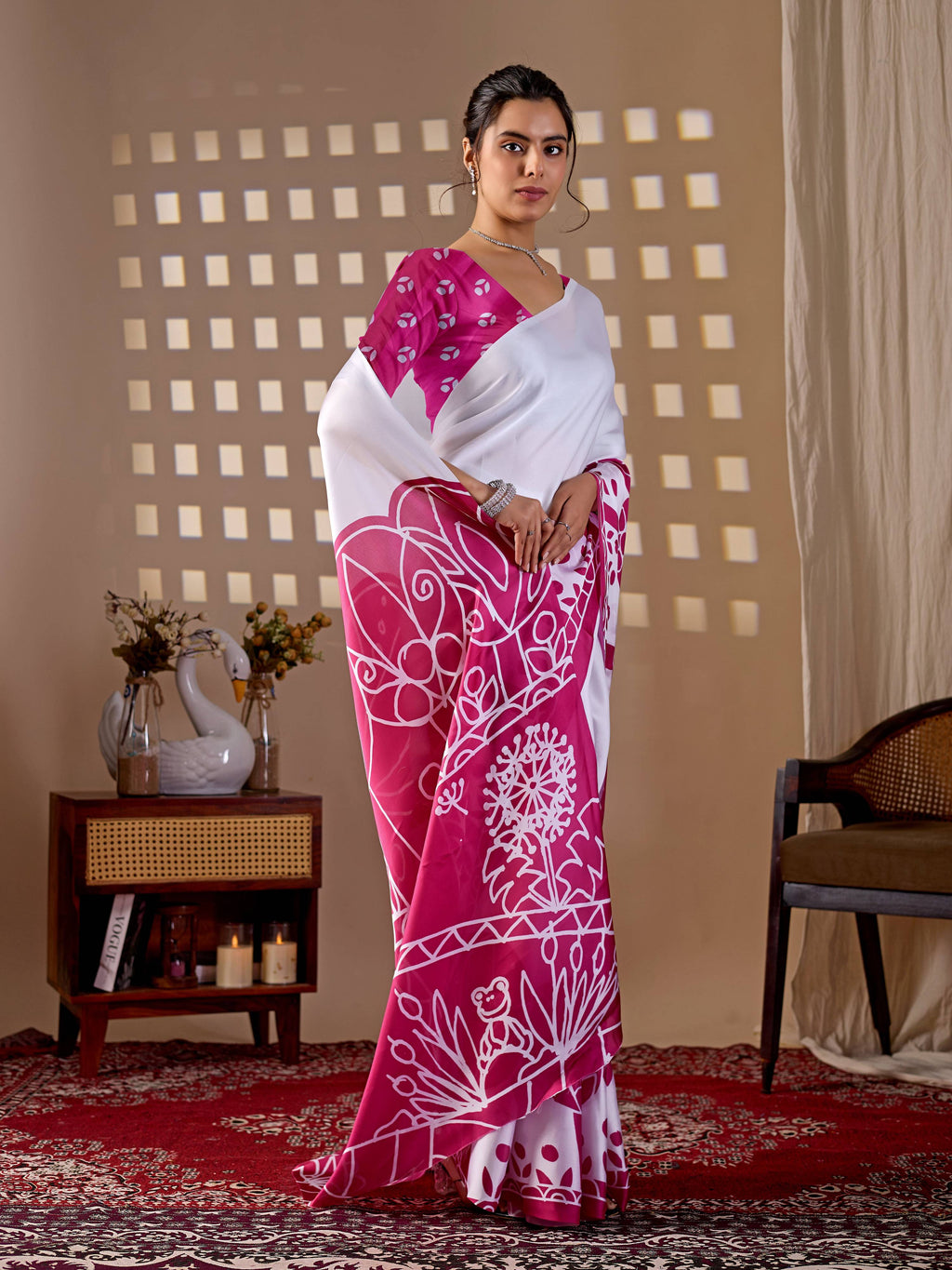 White Soft Satin Georgette Printed Saree with Pink Blouse