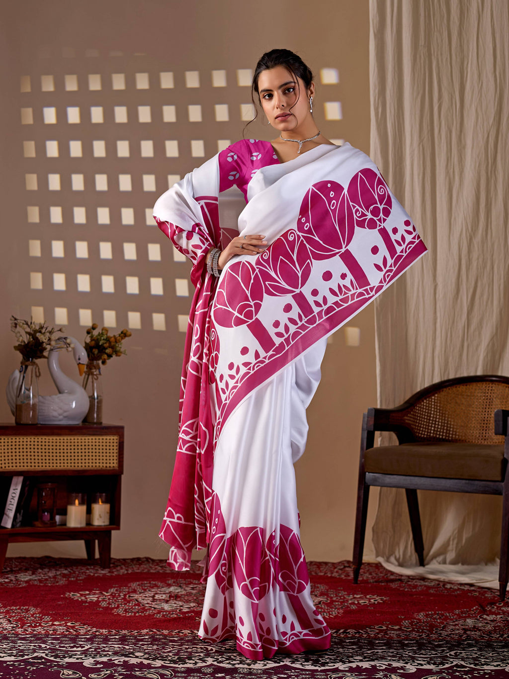 White Soft Satin Georgette Printed Saree with Pink Blouse