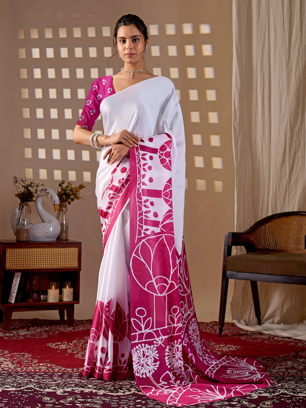White soft satin georgette printed saree with contrast pink blouse