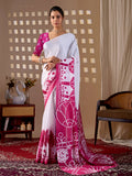 White soft satin georgette printed saree with contrast pink blouse