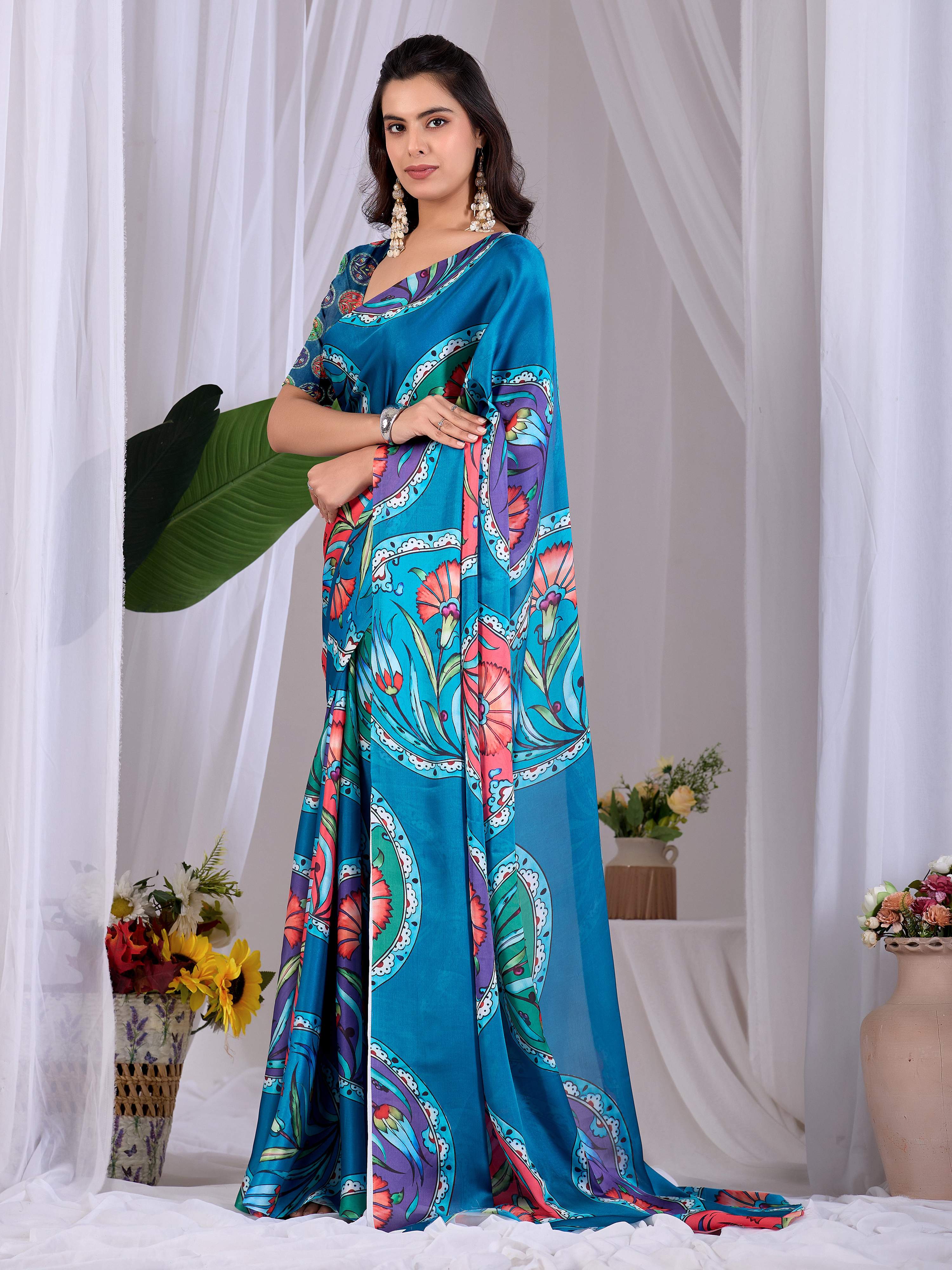 Teal Soft Satin Georgette Printed Saree for Elegant Occasions