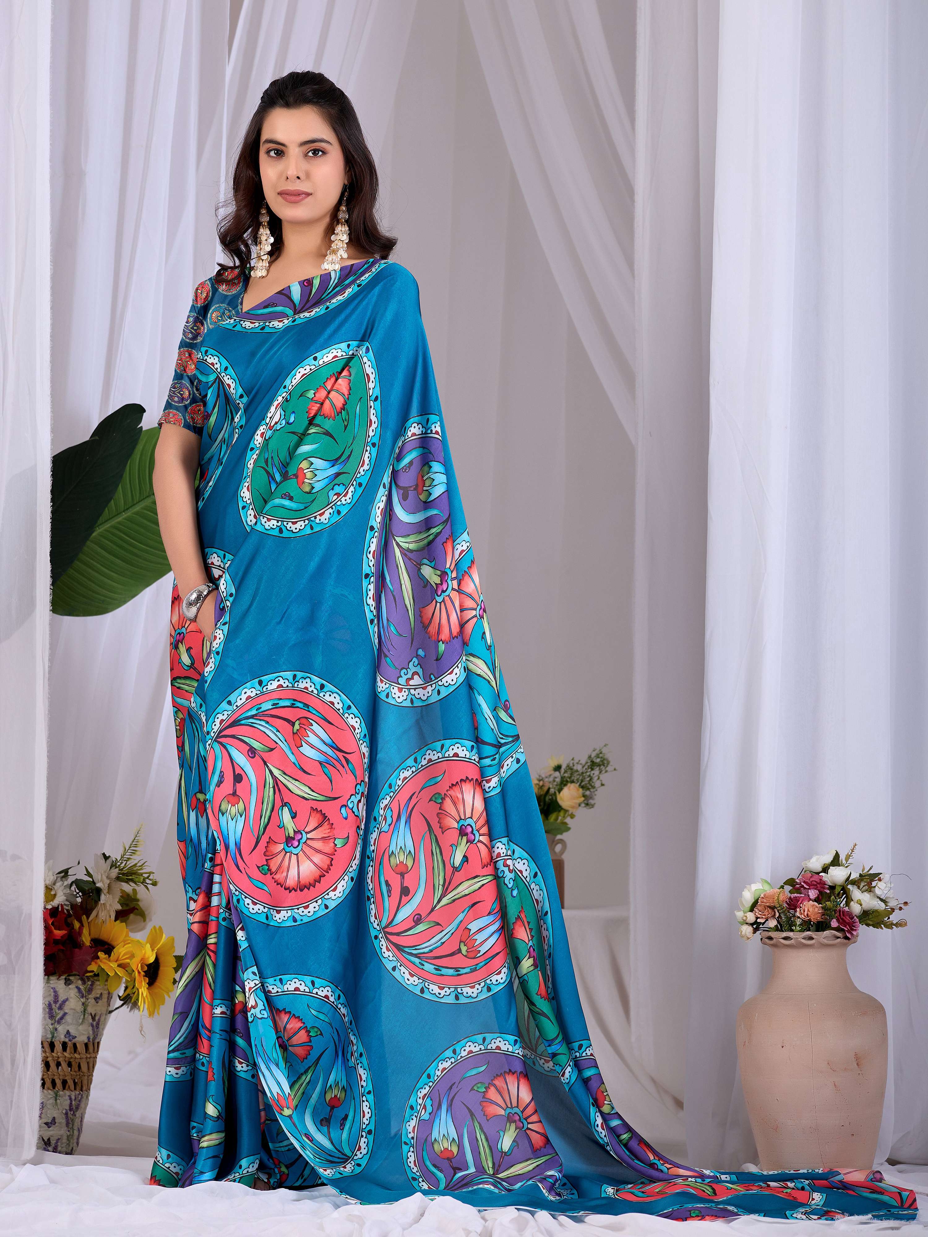 Teal Soft Satin Georgette Printed Saree for Elegant Occasions