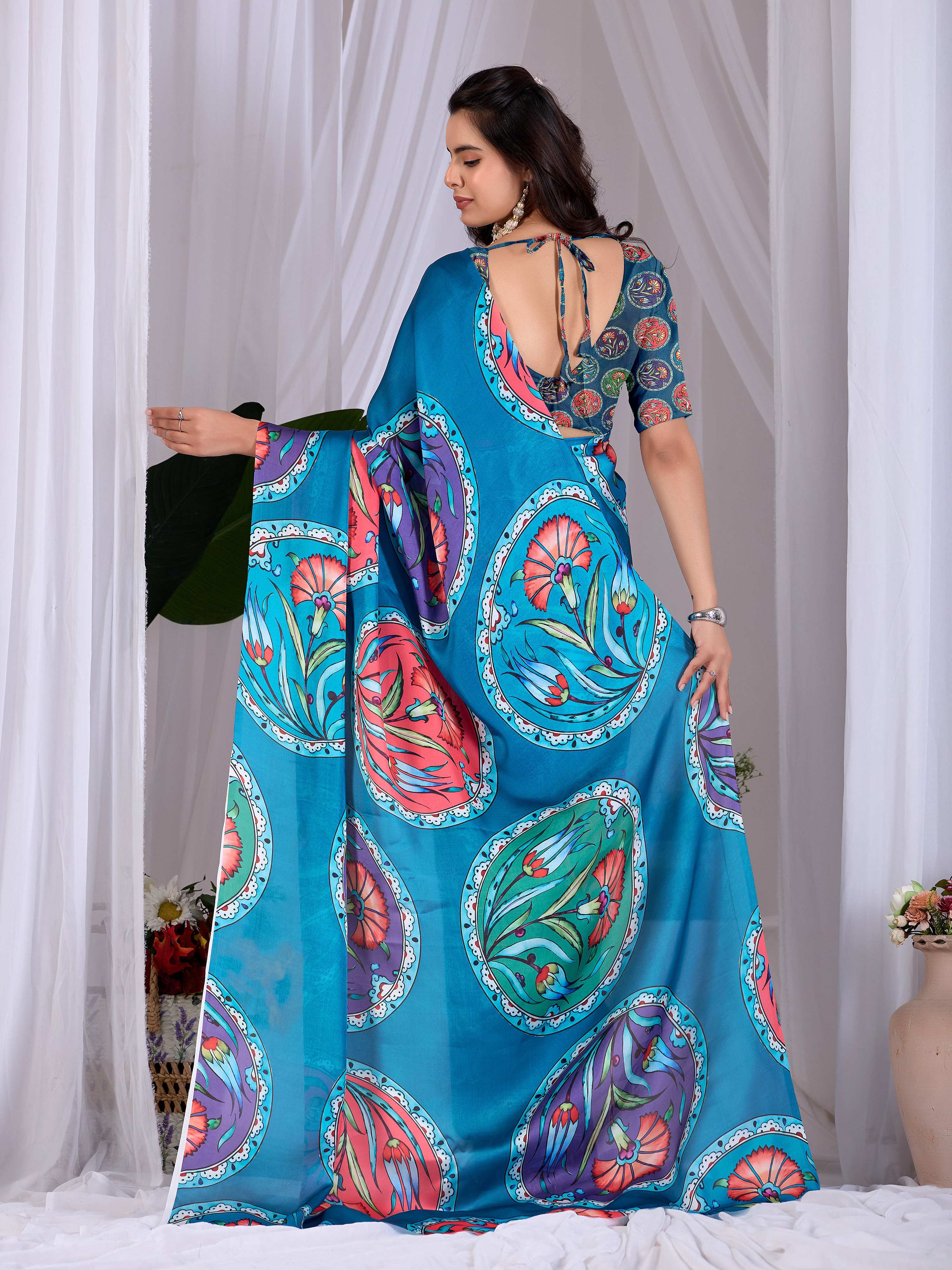Teal Soft Satin Georgette Printed Saree for Elegant Occasions
