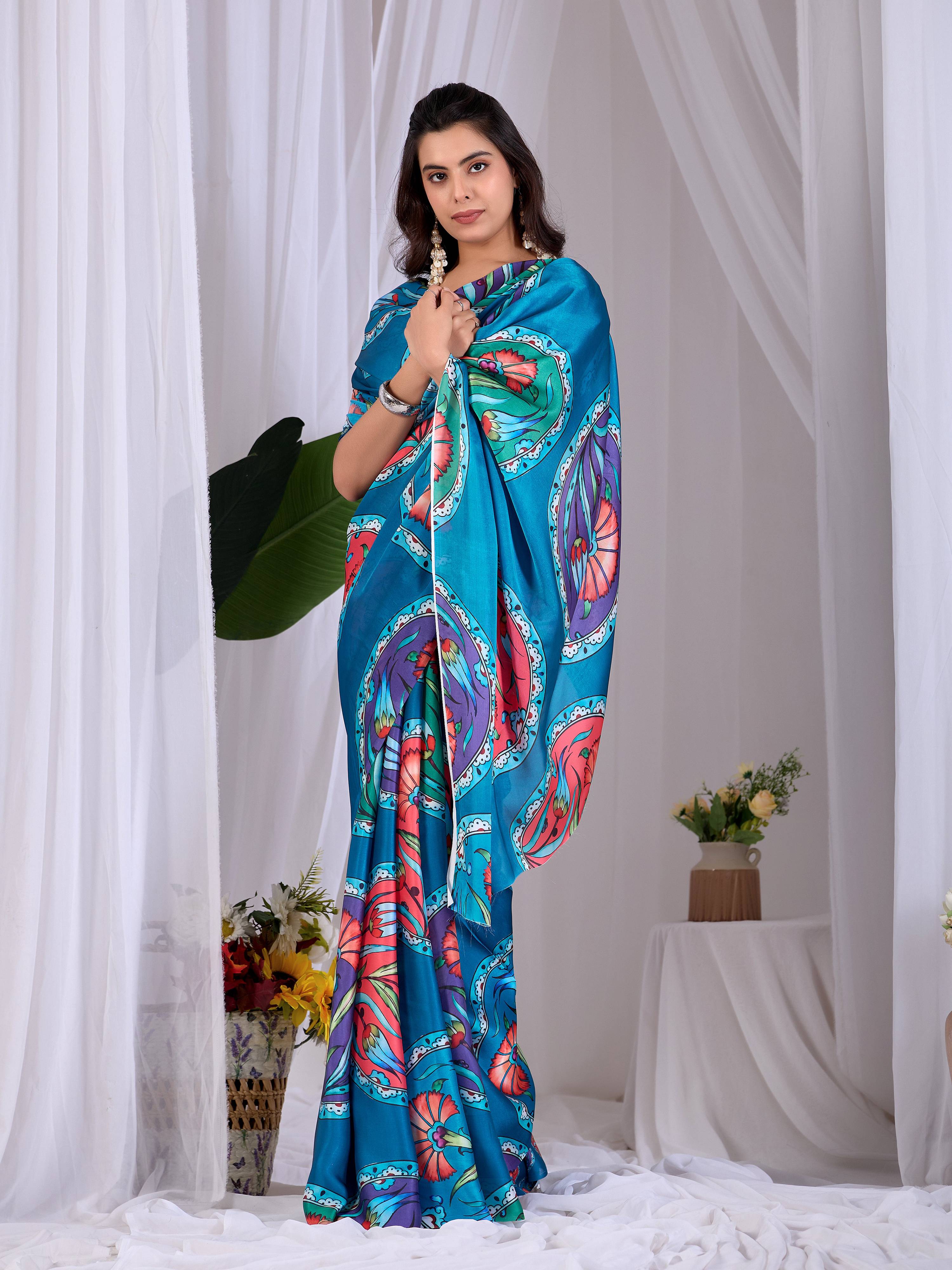 Teal Soft Satin Georgette Printed Saree for Elegant Occasions