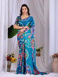 Elegant teal soft satin georgette printed saree with matching blouse piece