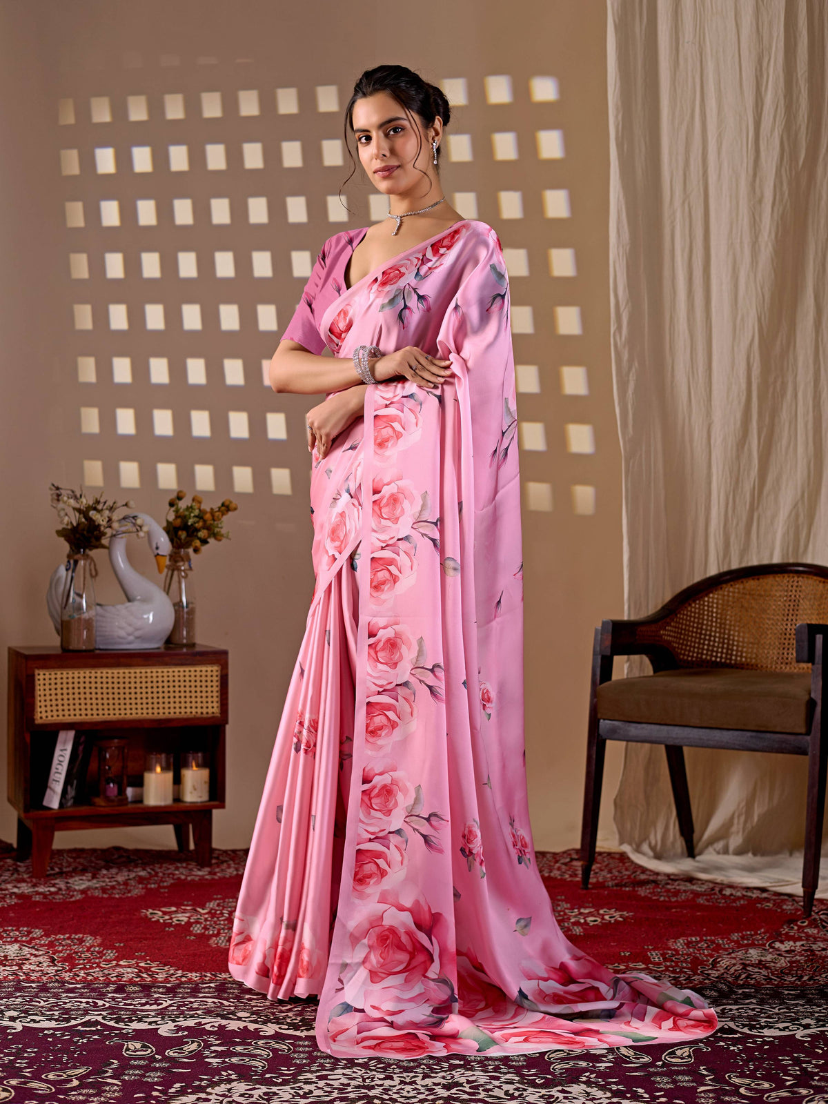 Pink Soft Satin Georgette Printed Saree with Blouse Piece