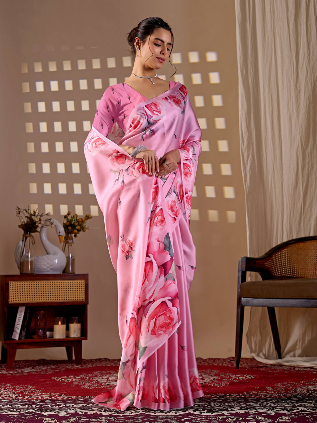 Pink Soft Satin Georgette Printed Saree with Blouse Piece