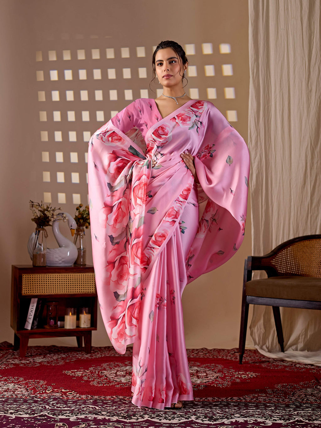Pink Soft Satin Georgette Printed Saree with Blouse Piece