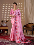 Pink soft satin georgette printed saree with matching blouse piece