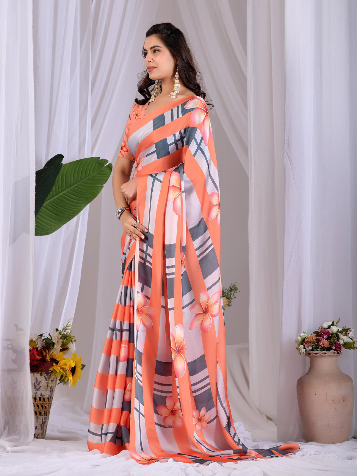 Multi-Color Soft Satin Georgette Printed Saree with Peach Blouse
