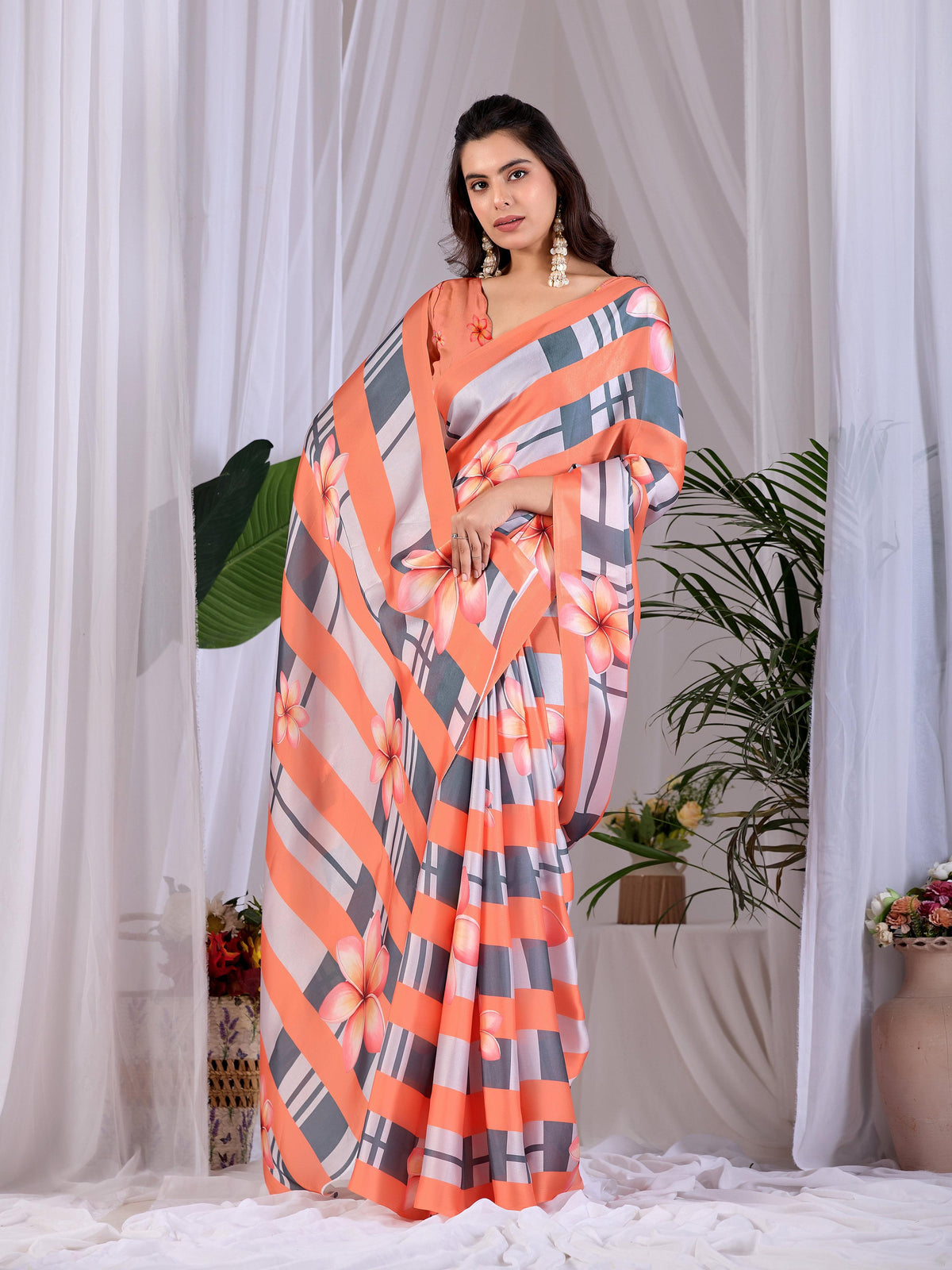 Multi-Color Soft Satin Georgette Printed Saree with Peach Blouse