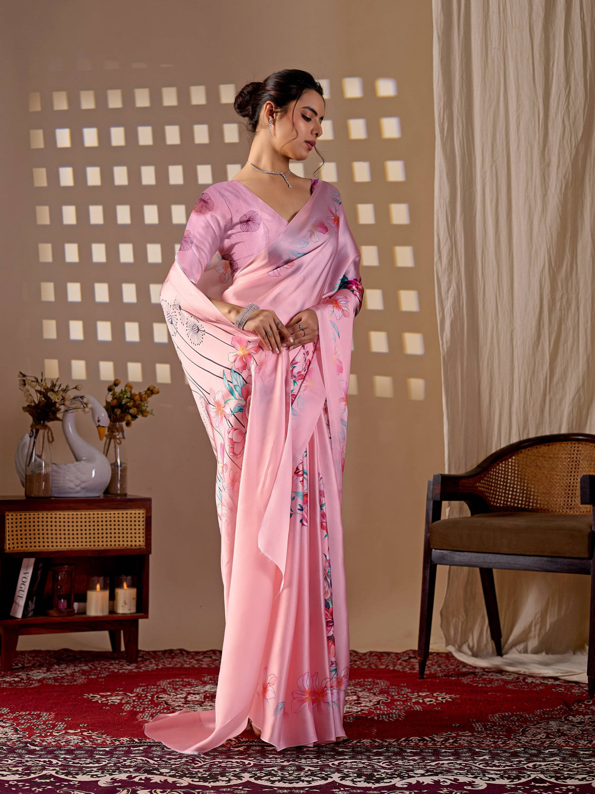 Pink Soft Satin Georgette Printed Saree for Elegant Styling