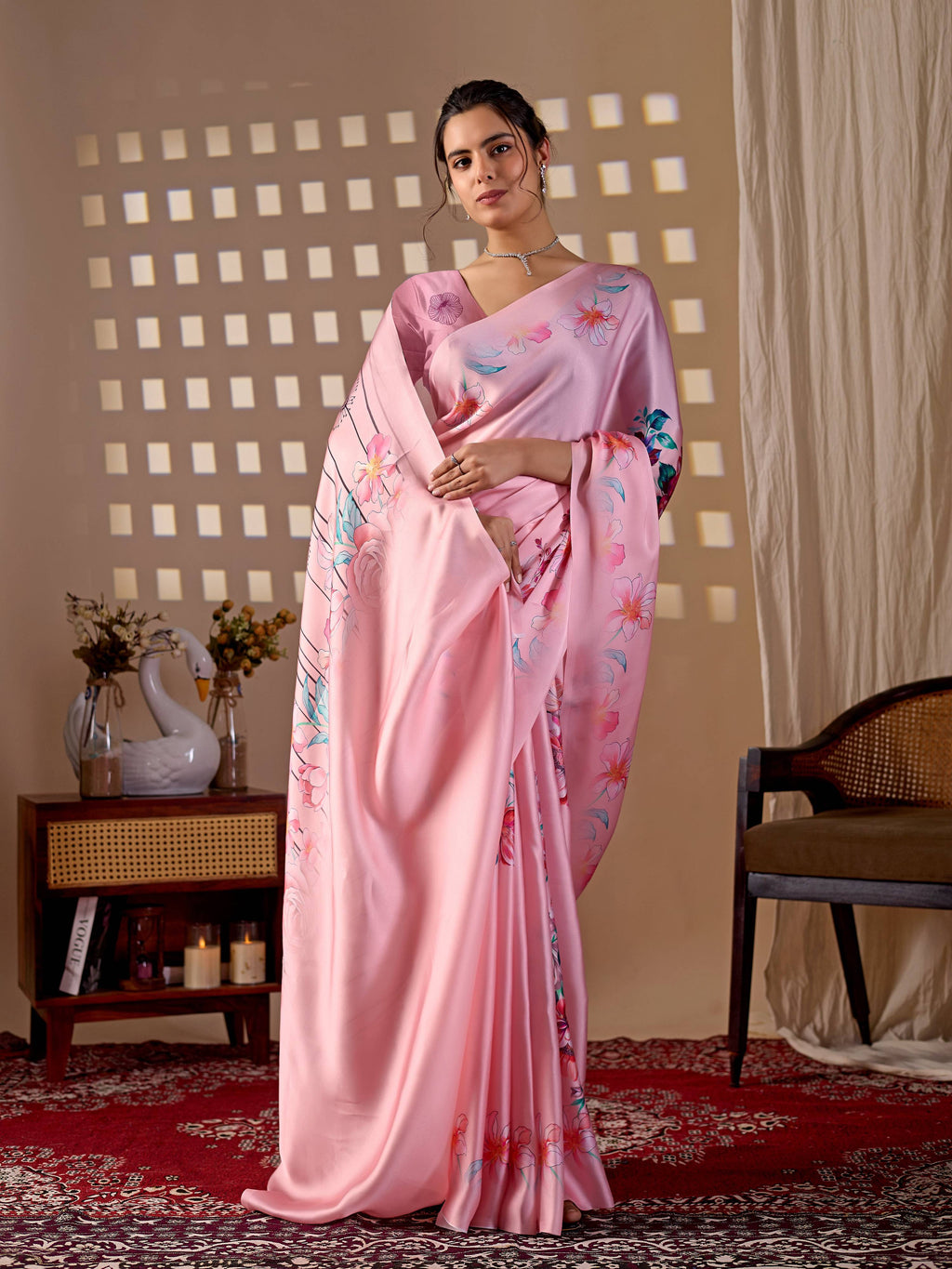 Pink Soft Satin Georgette Printed Saree for Elegant Styling