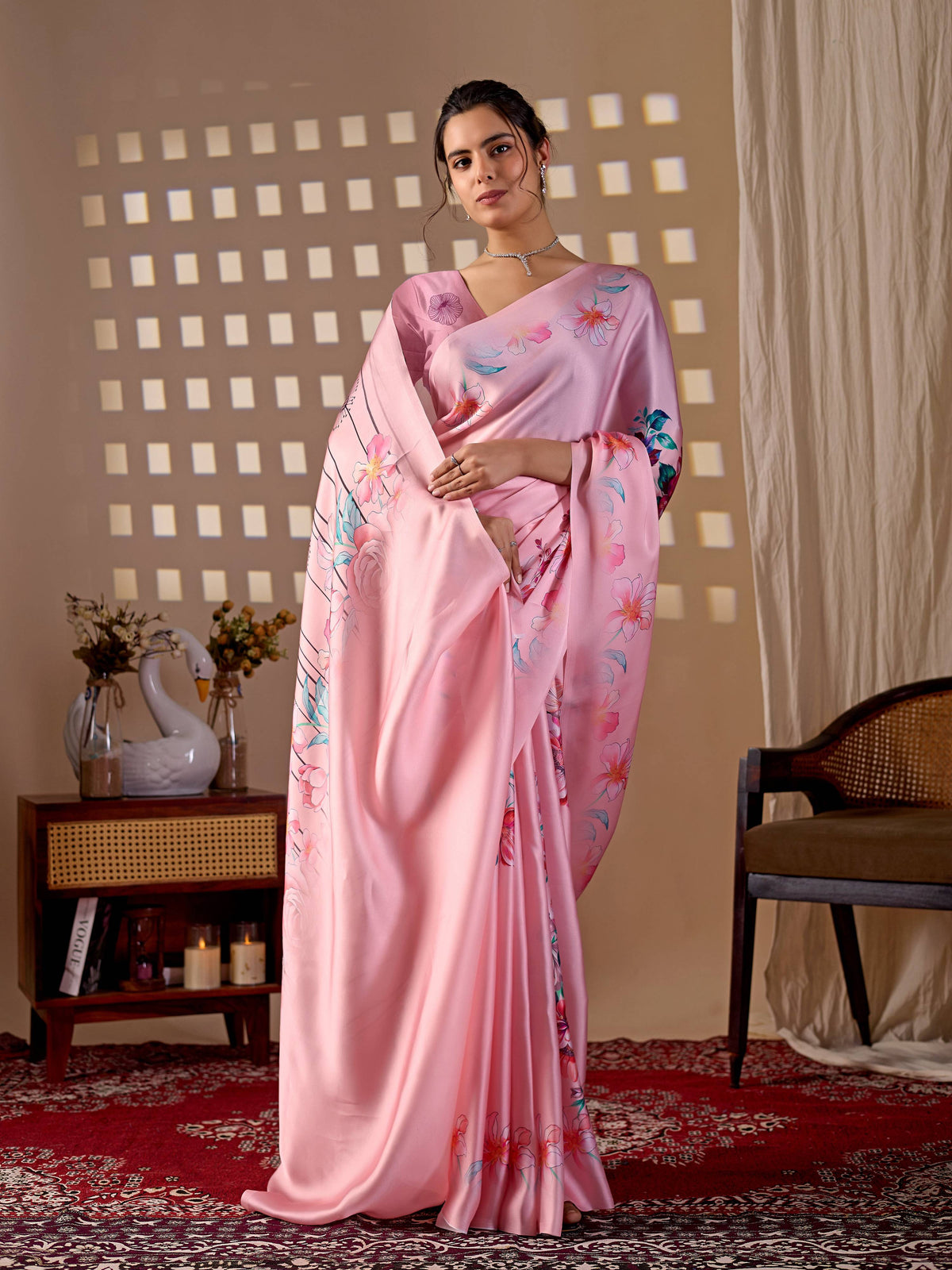 Pink Soft Satin Georgette Printed Saree for Elegant Styling