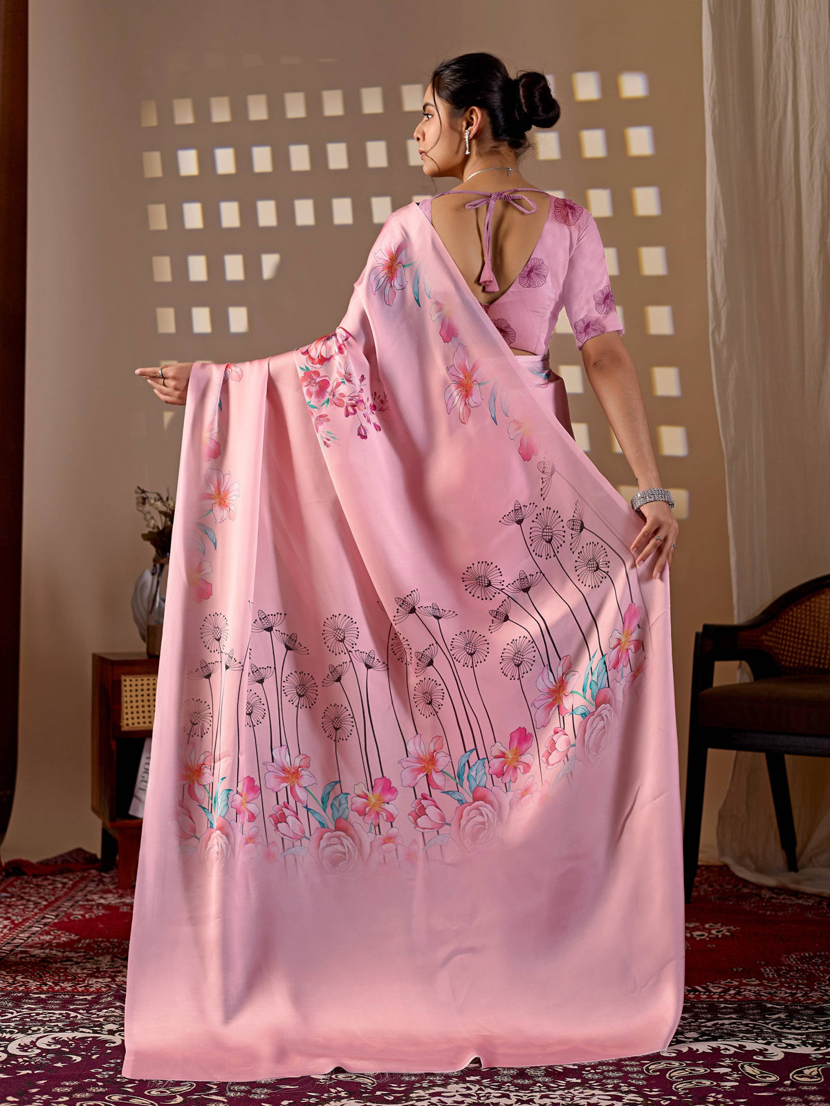 Pink Soft Satin Georgette Printed Saree for Elegant Styling