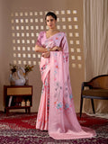Elegant Pink soft satin georgette printed saree with a matching blouse.