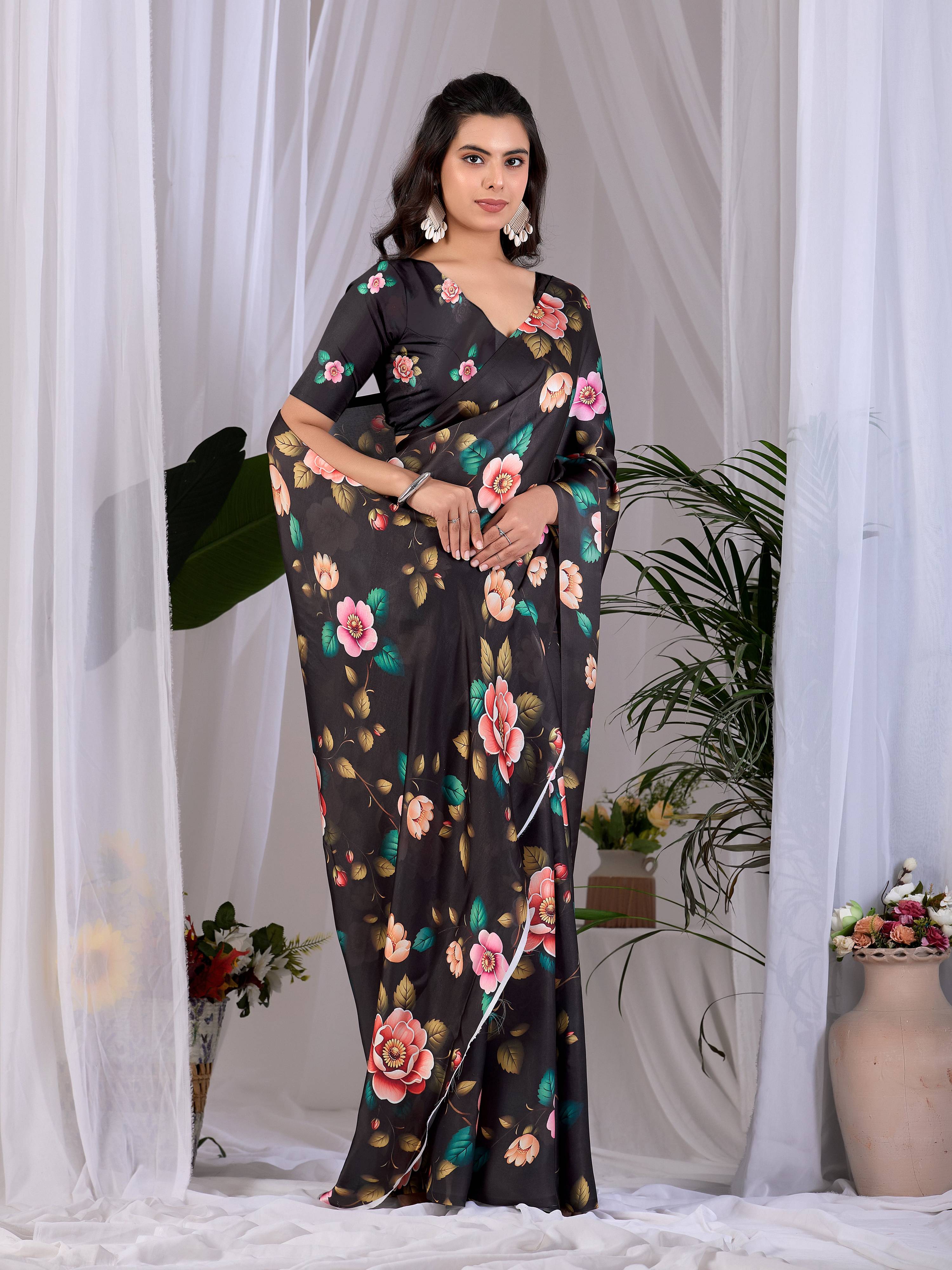 Black Soft Satin Georgette Printed Saree with Matching Blouse