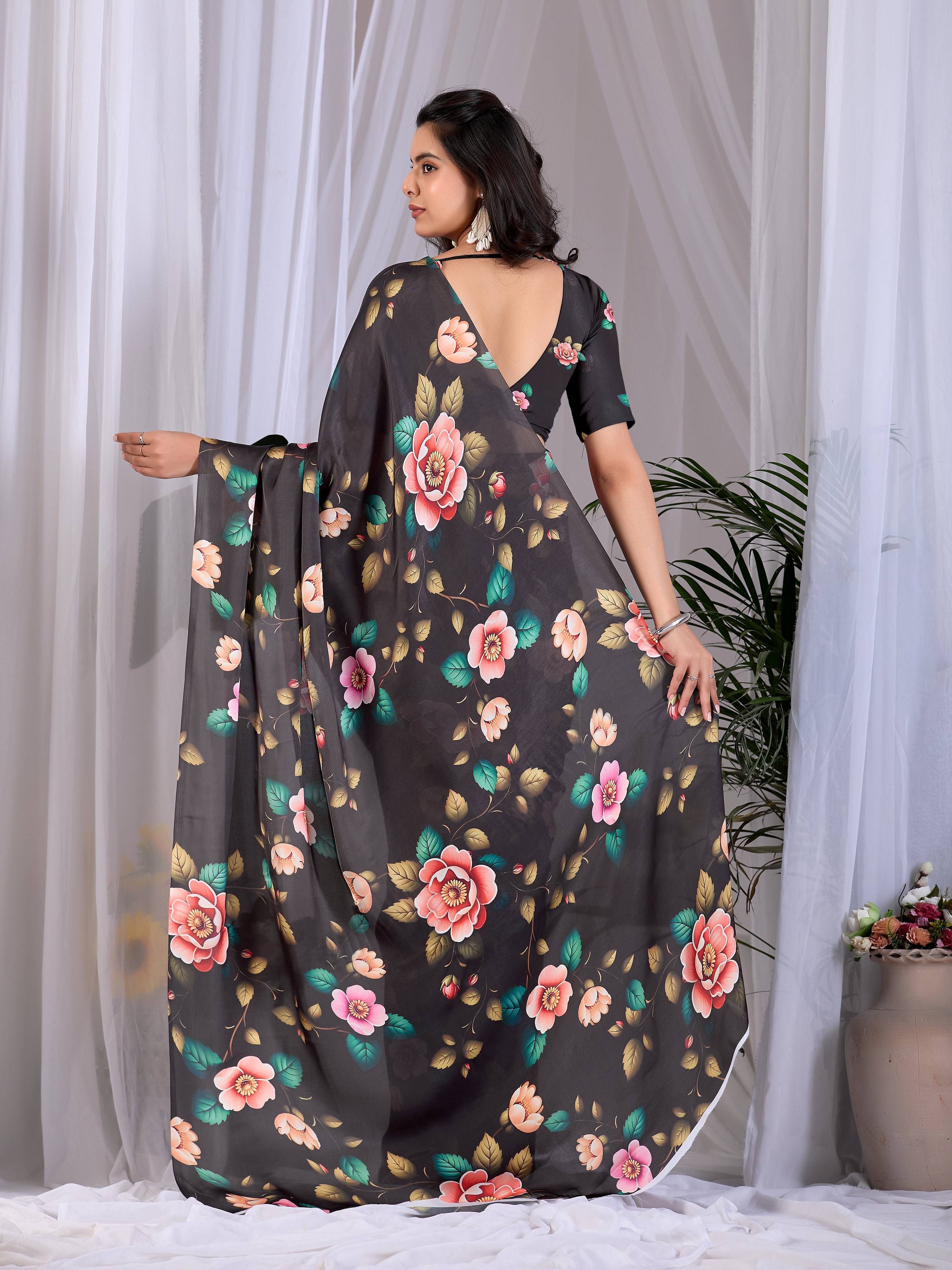 Black Soft Satin Georgette Printed Saree with Matching Blouse