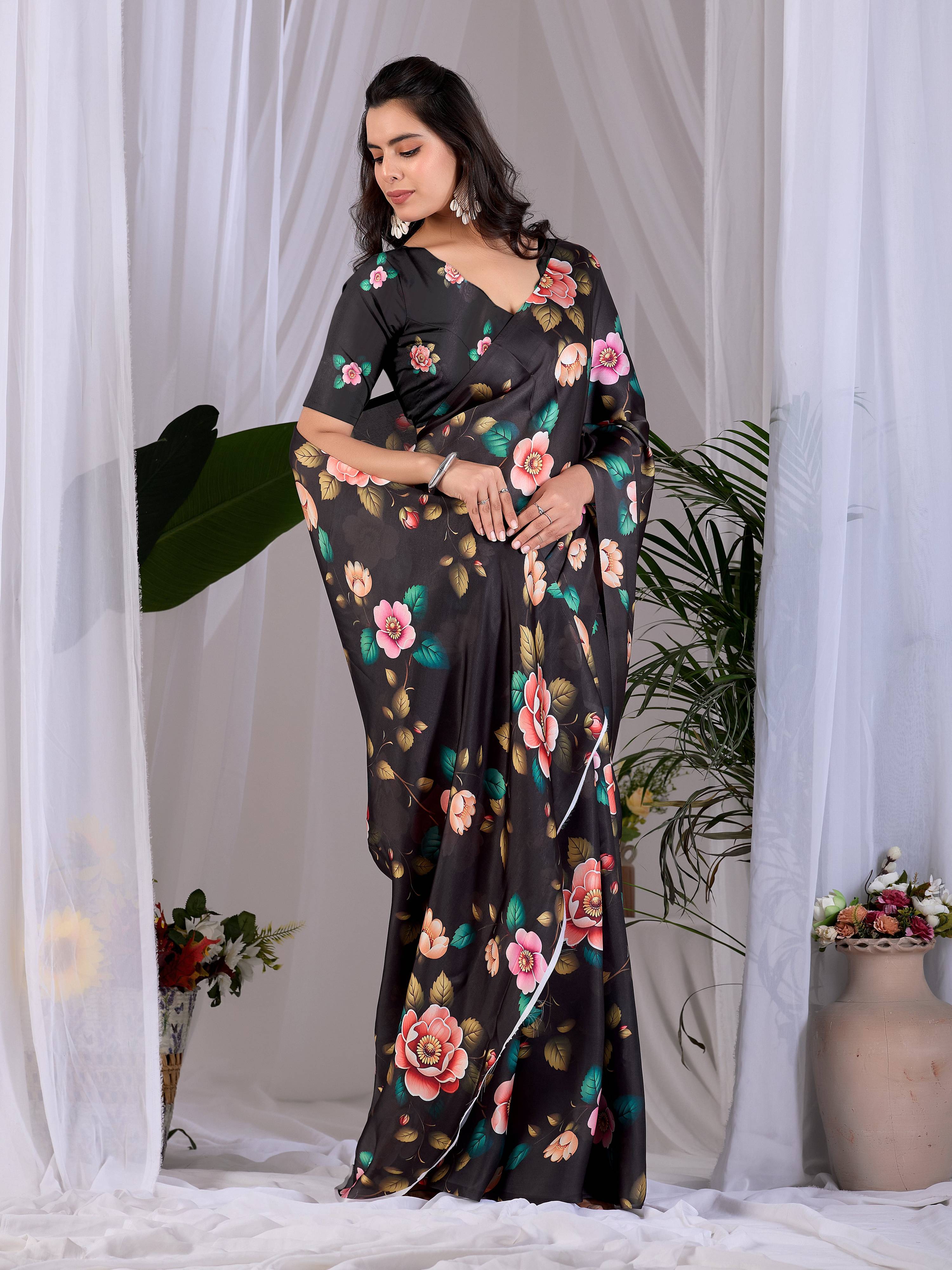 Black Soft Satin Georgette Printed Saree with Matching Blouse
