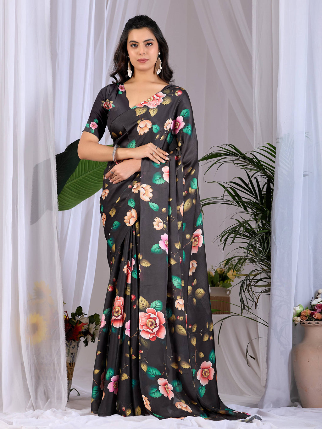 Black Soft Satin Georgette Printed Saree with Matching Blouse