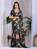 Black Soft Satin Georgette Printed Saree with Matching Blouse