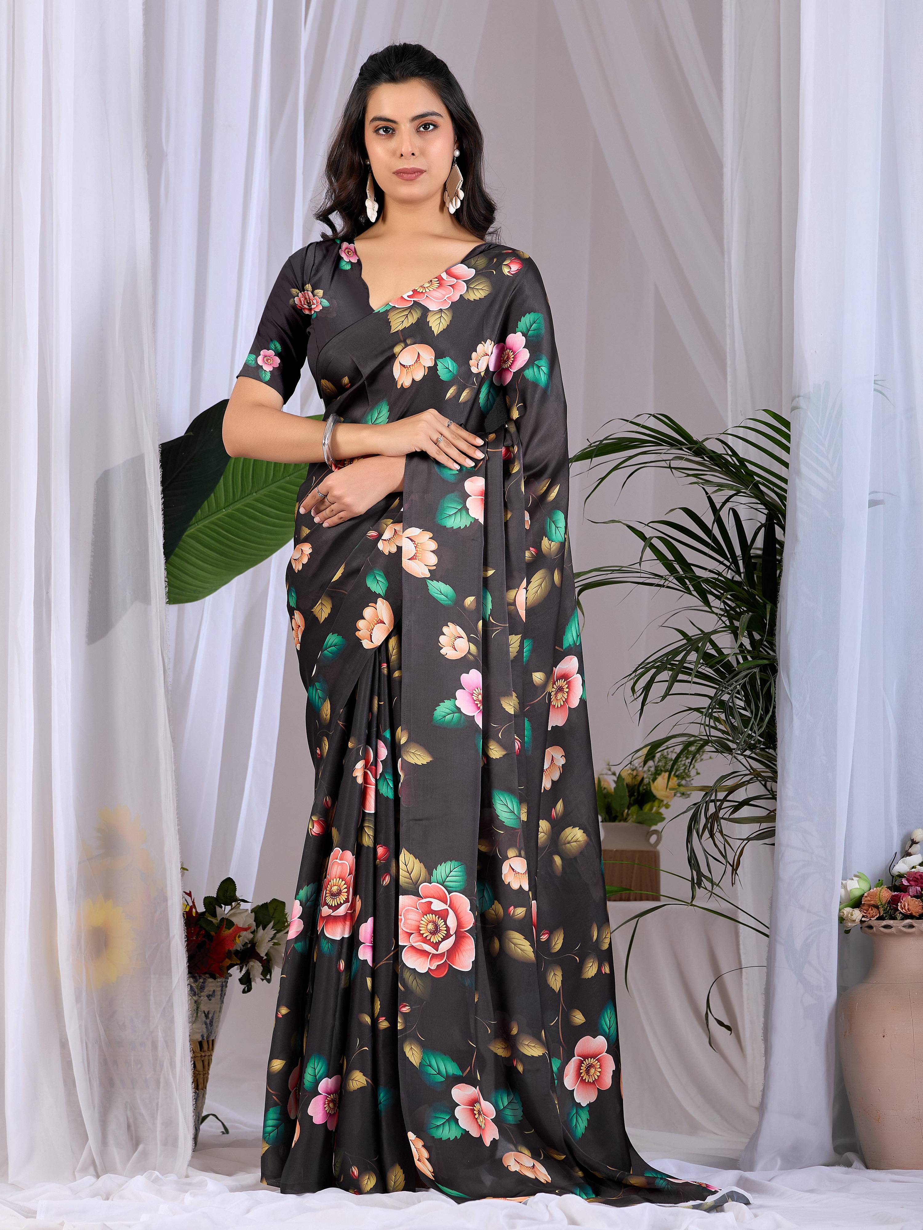 Black Soft Satin Georgette Printed Saree with Matching Blouse