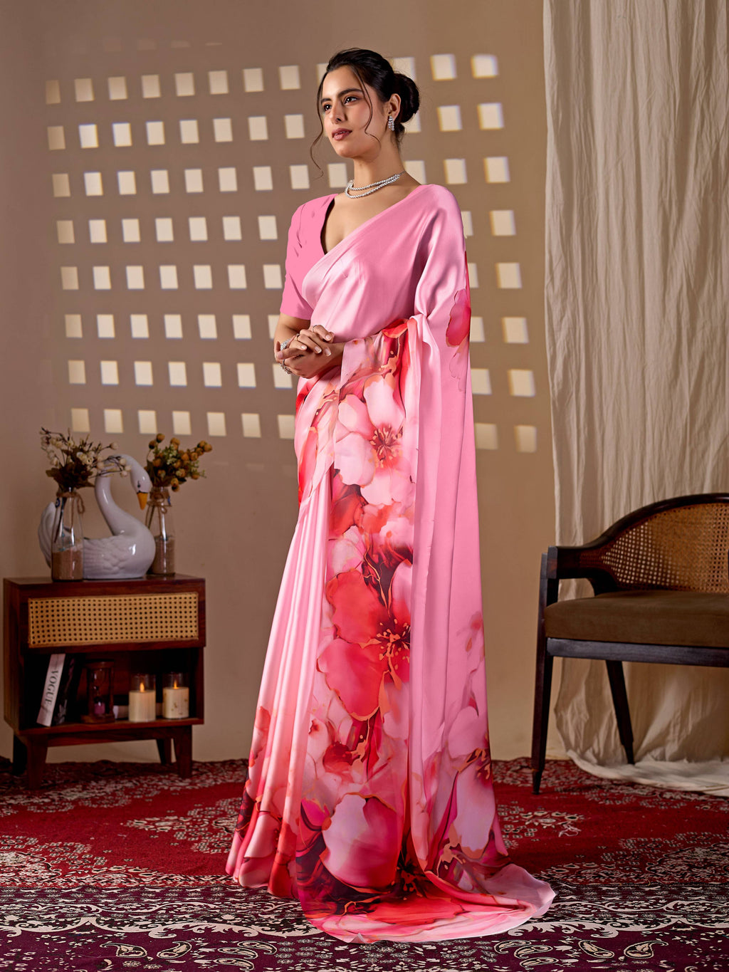 Pink soft satin georgette printed saree with matching blouse