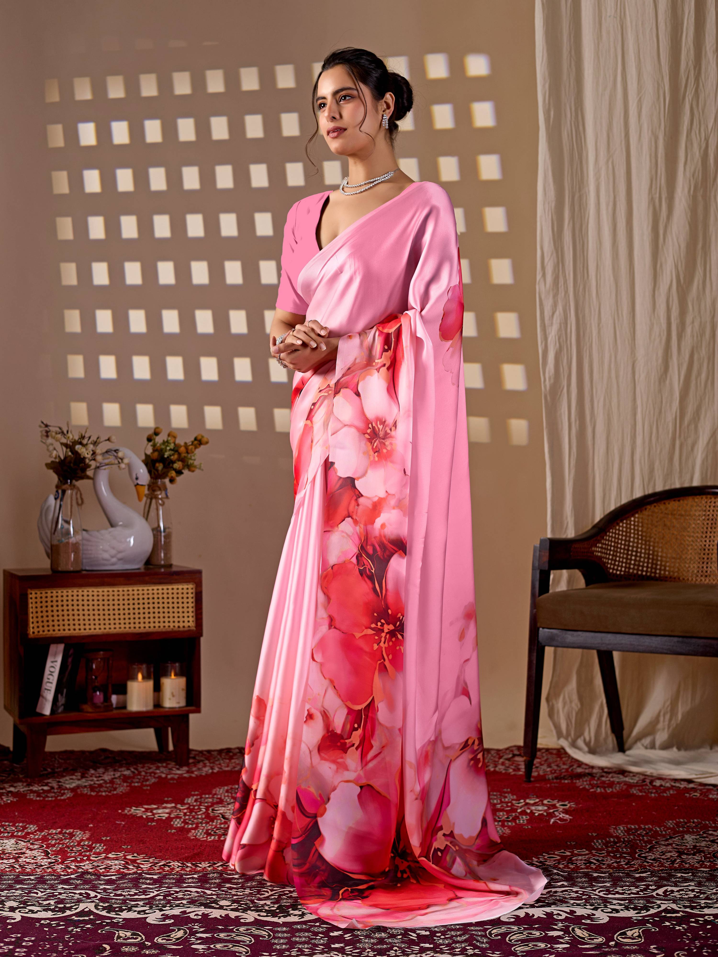 Pink soft satin georgette printed saree with matching blouse