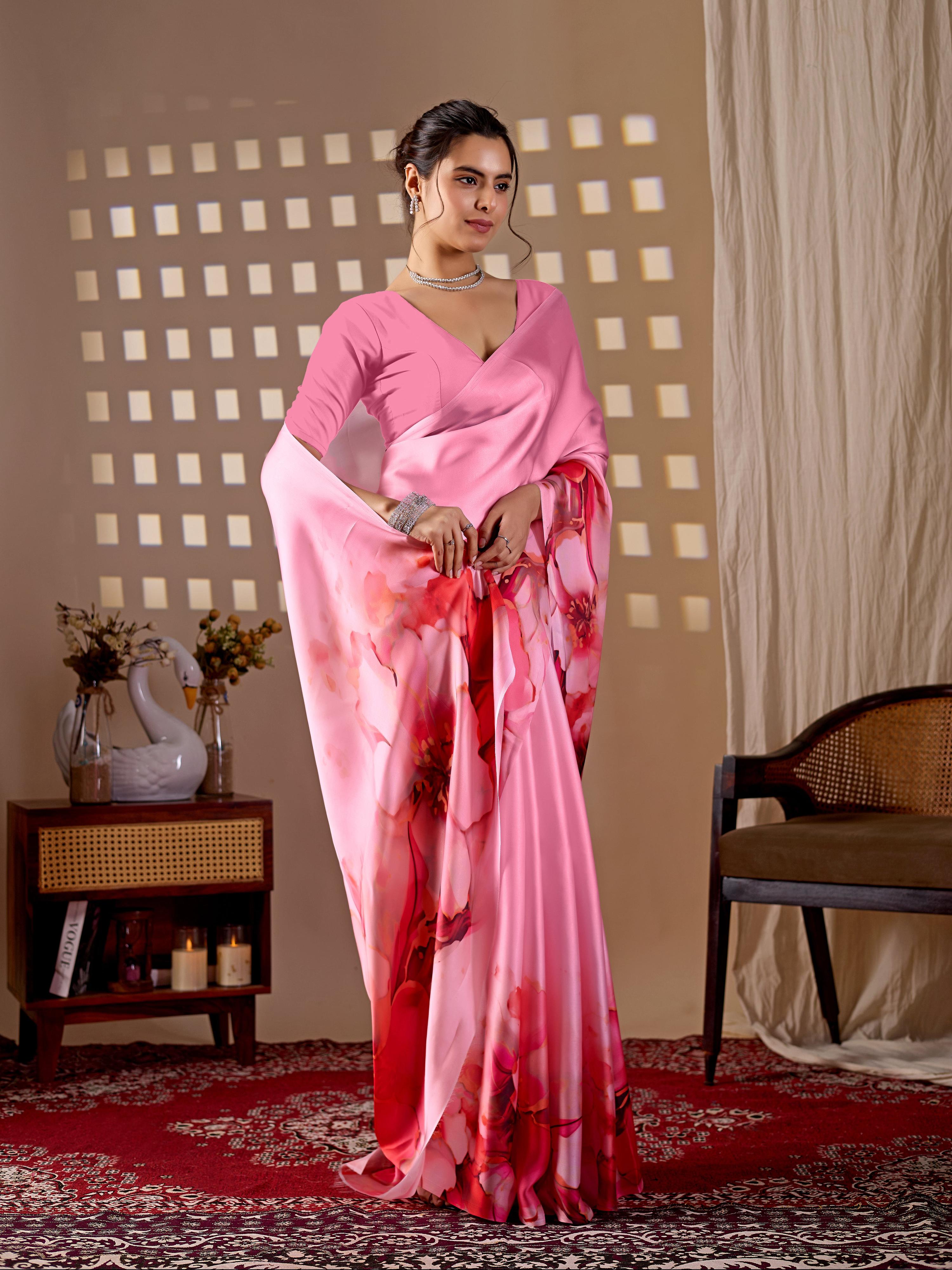 Pink Soft Satin Georgette Printed Saree with Matching Blouse