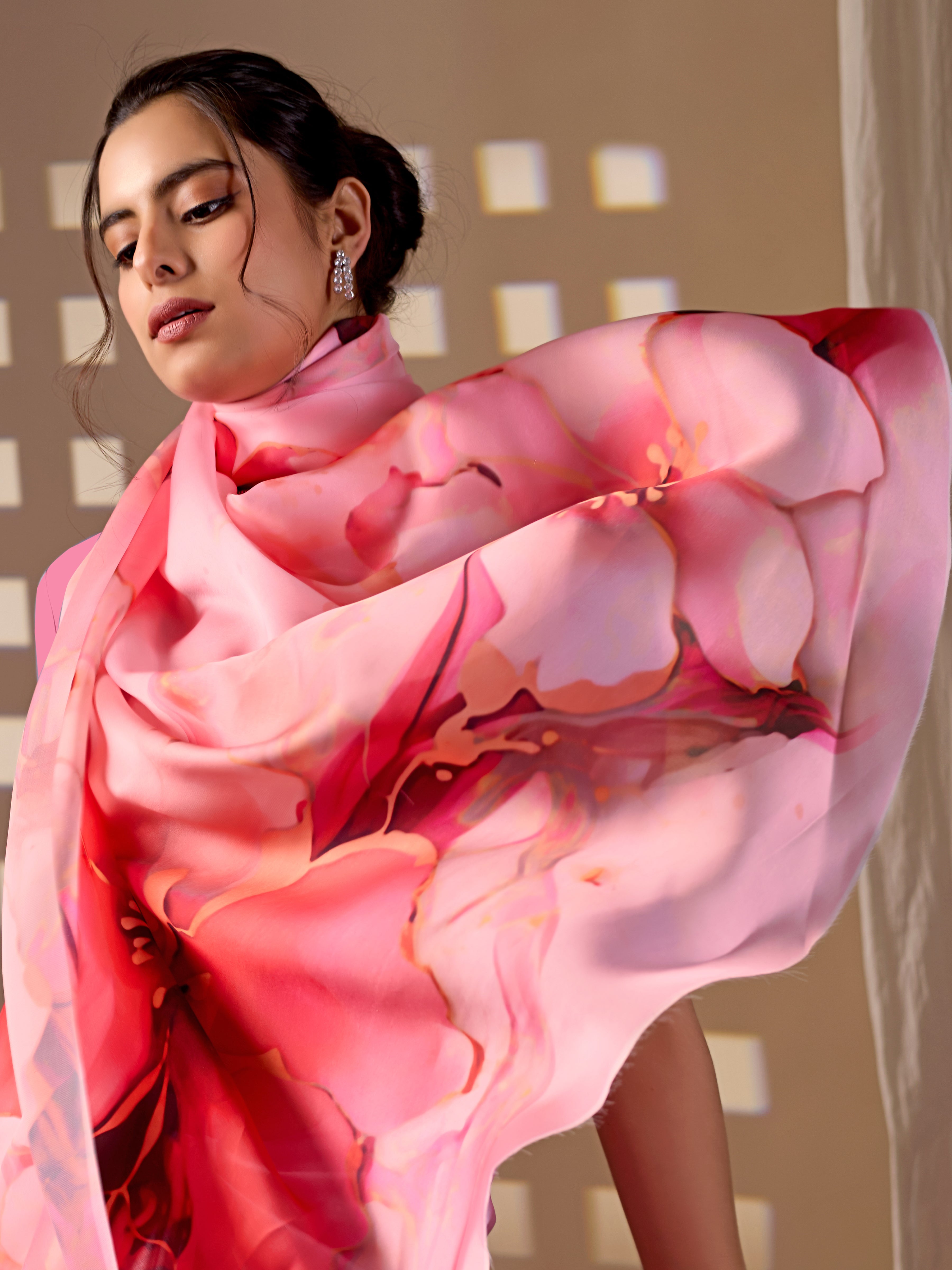 Pink Soft Satin Georgette Printed Saree with Matching Blouse