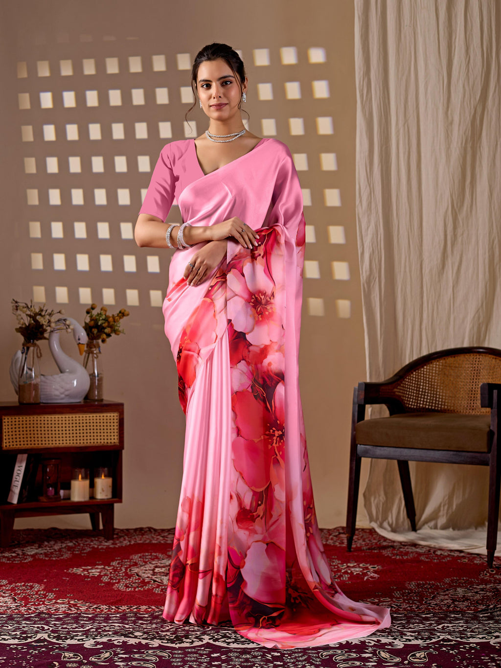 Pink Soft Satin Georgette Printed Saree with Matching Blouse