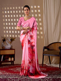 Pink Soft Satin Georgette Printed Saree with Matching Blouse