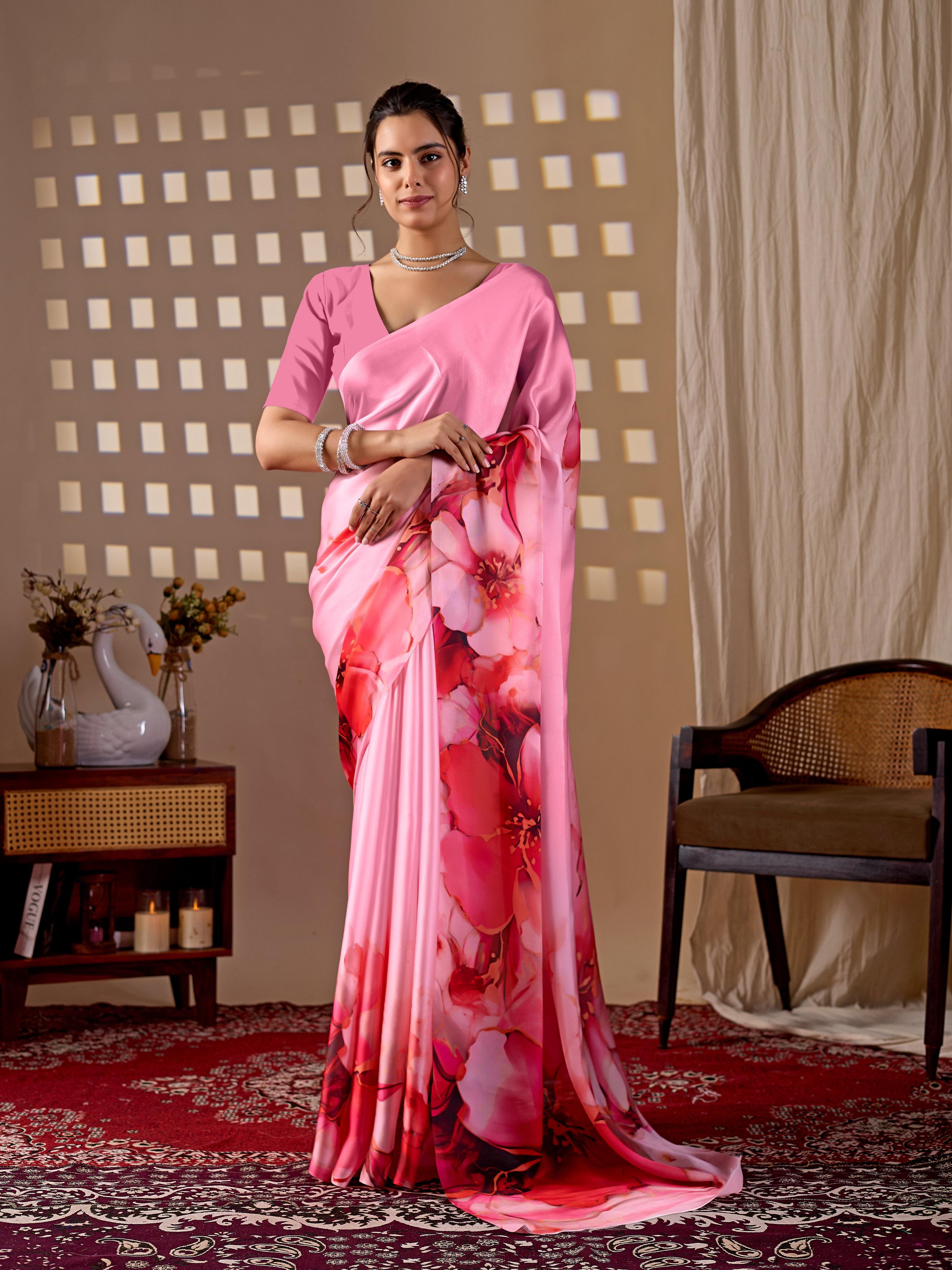 Pink Soft Satin Georgette Printed Saree with Matching Blouse
