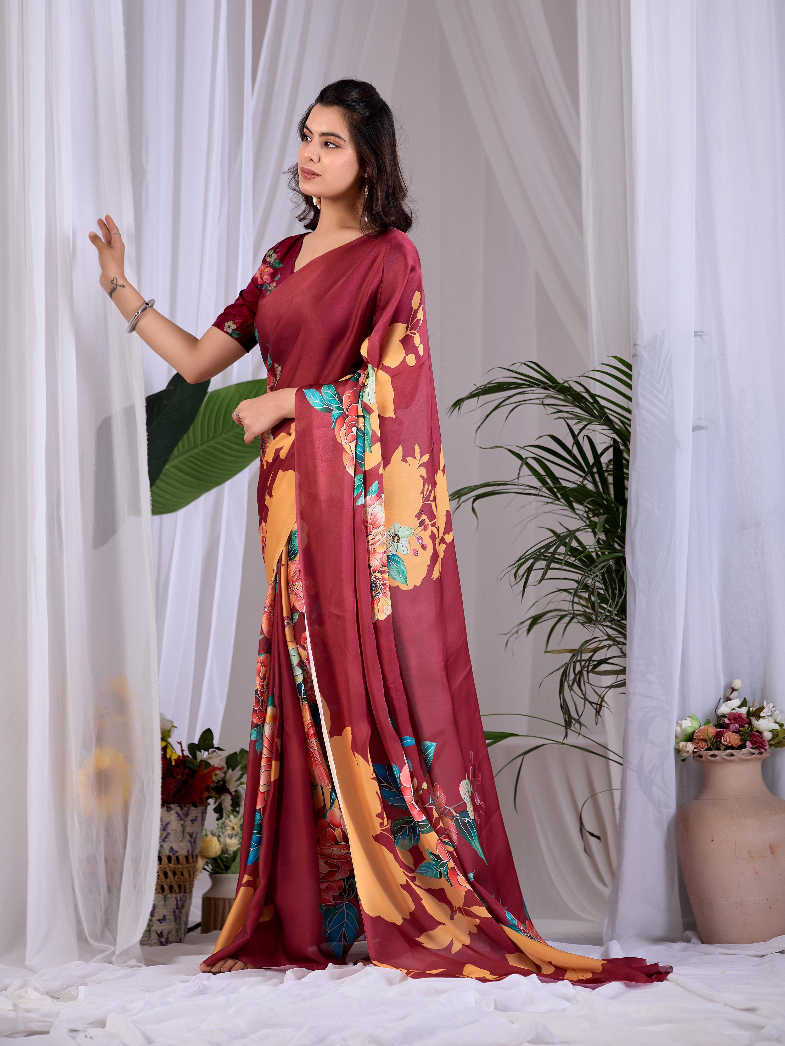 Maroon Soft Satin Georgette Printed Saree with Blouse