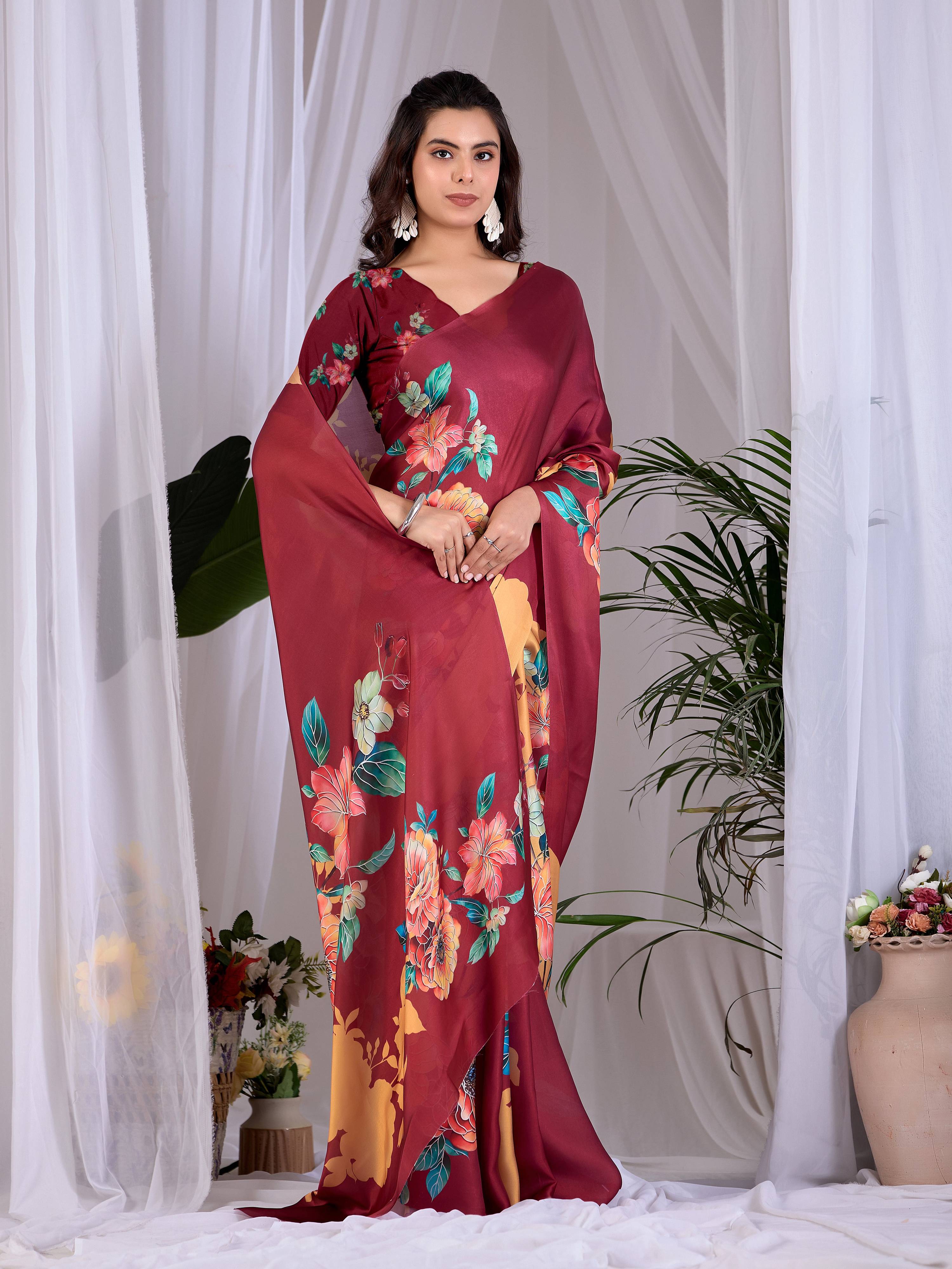 Maroon Soft Satin Georgette Printed Saree with Blouse