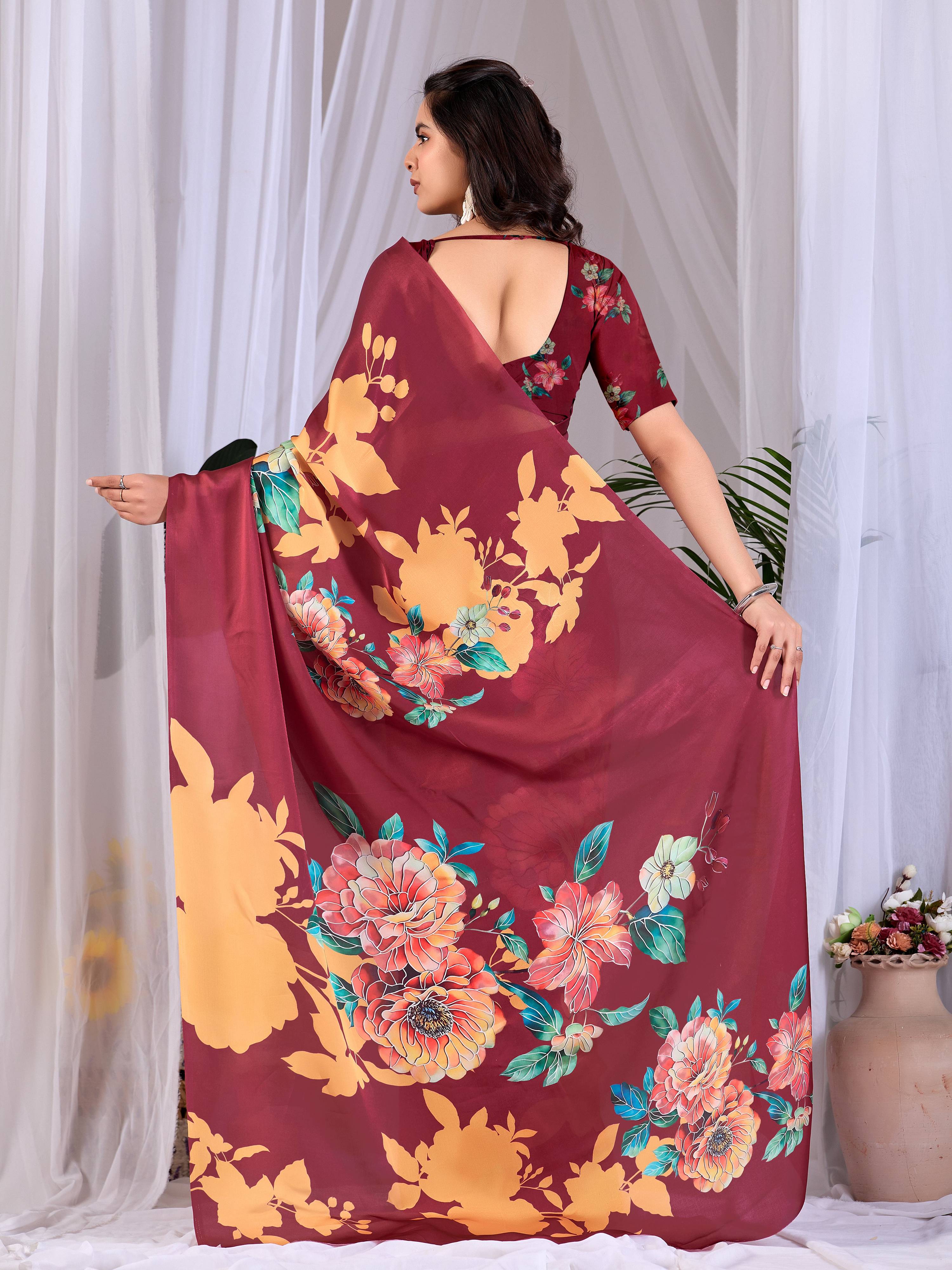 Maroon Soft Satin Georgette Printed Saree with Blouse