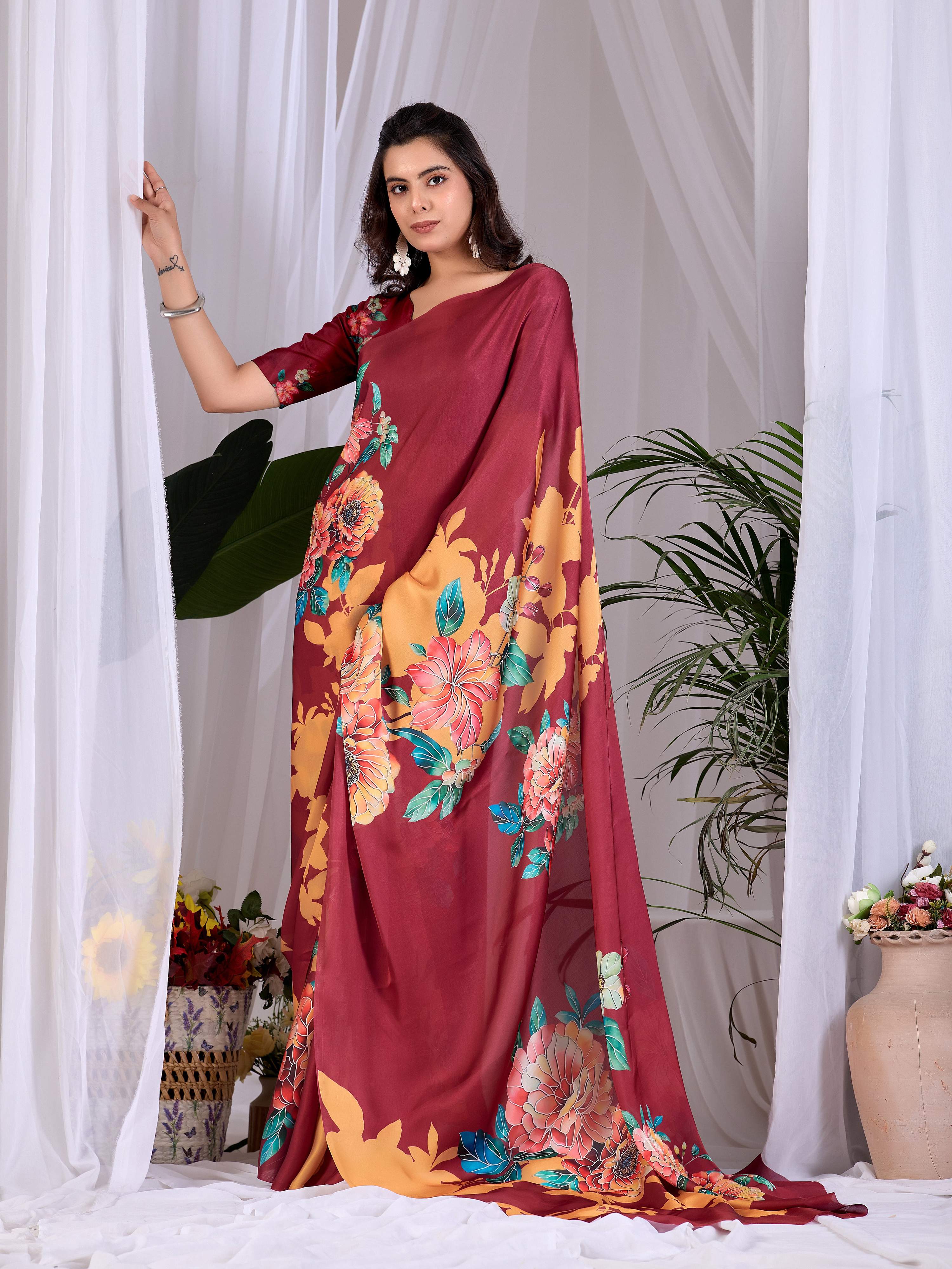 Maroon Soft Satin Georgette Printed Saree with Blouse